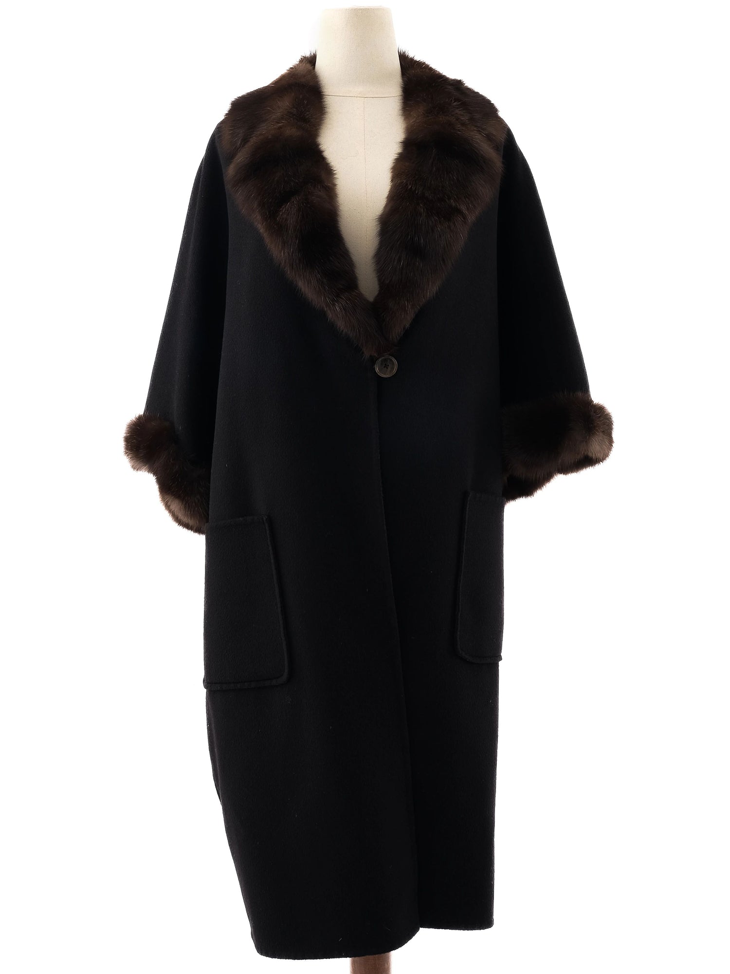 Perfect Loro Piana Black Cashmere Wool Coat with Fur Collar Size M