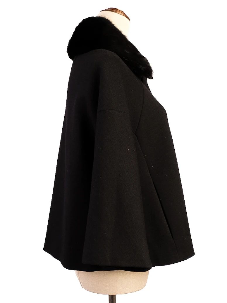 Excellent Moschino Black Wool Swing Coat with Fur Collar for Women