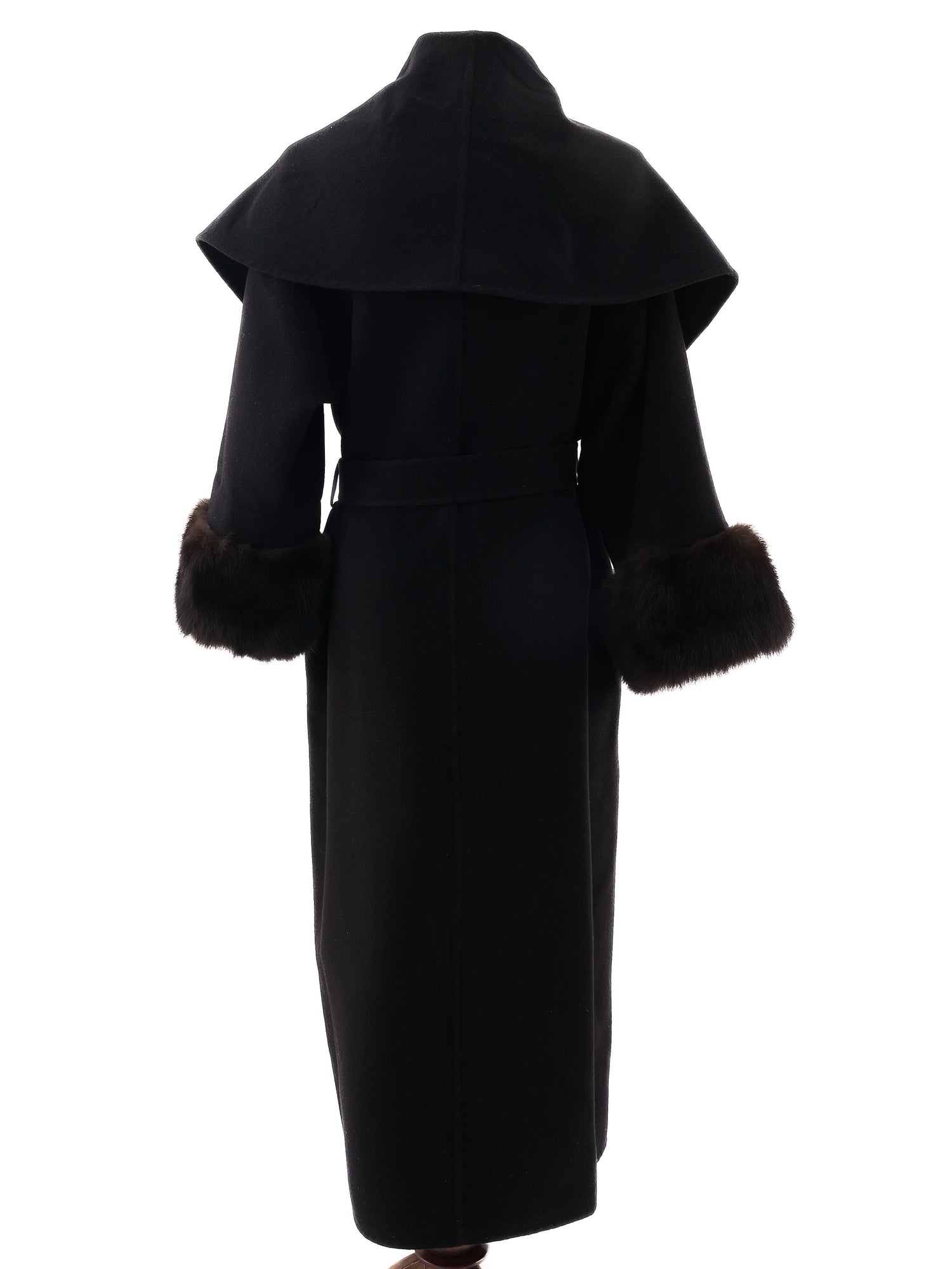 Perfect Black Cashmere Wool Coat with Fur Trim Size M