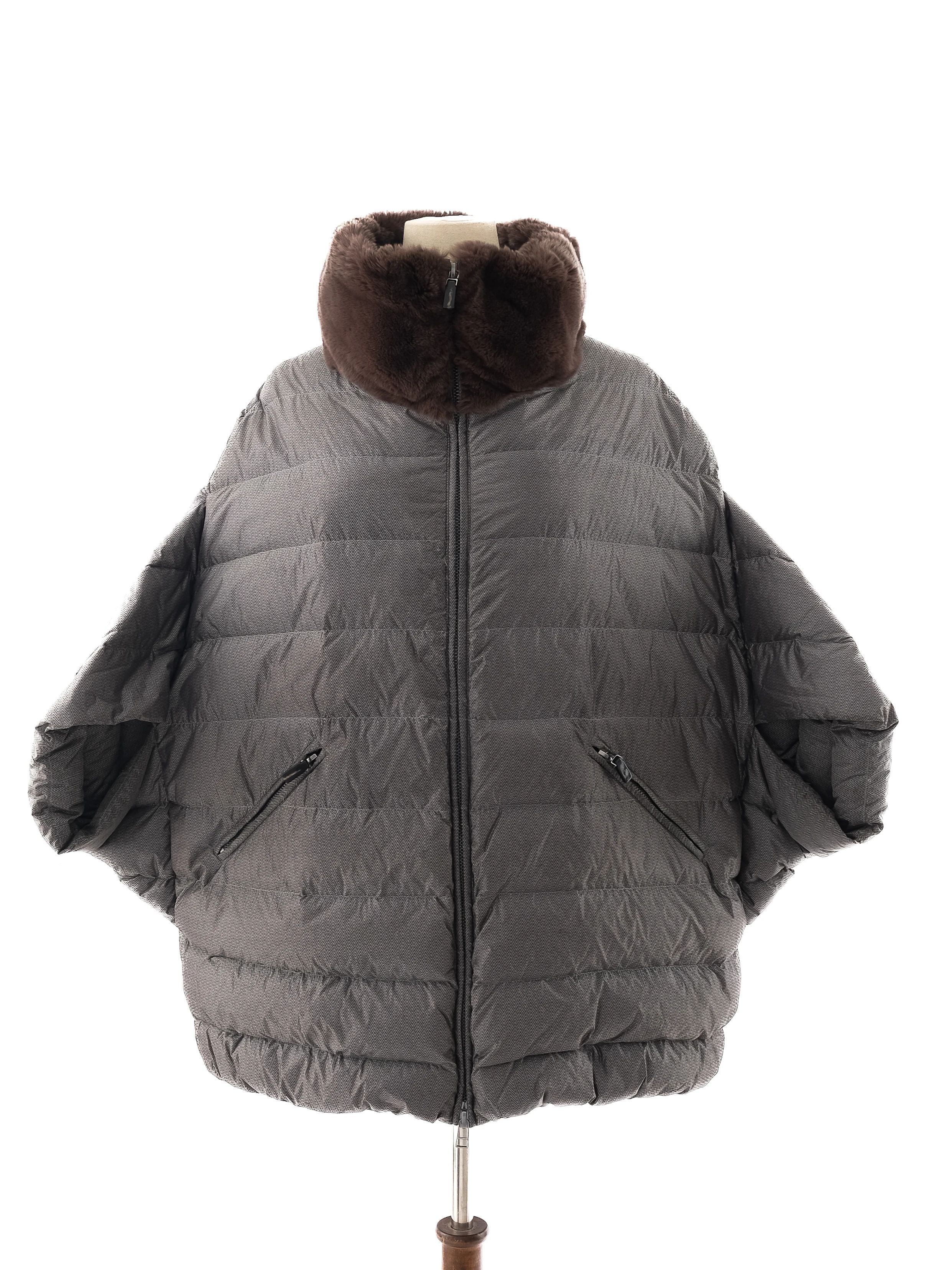 Perfect ODRI Gray Nylon Puffer Jacket XL with Brown Fur Collar