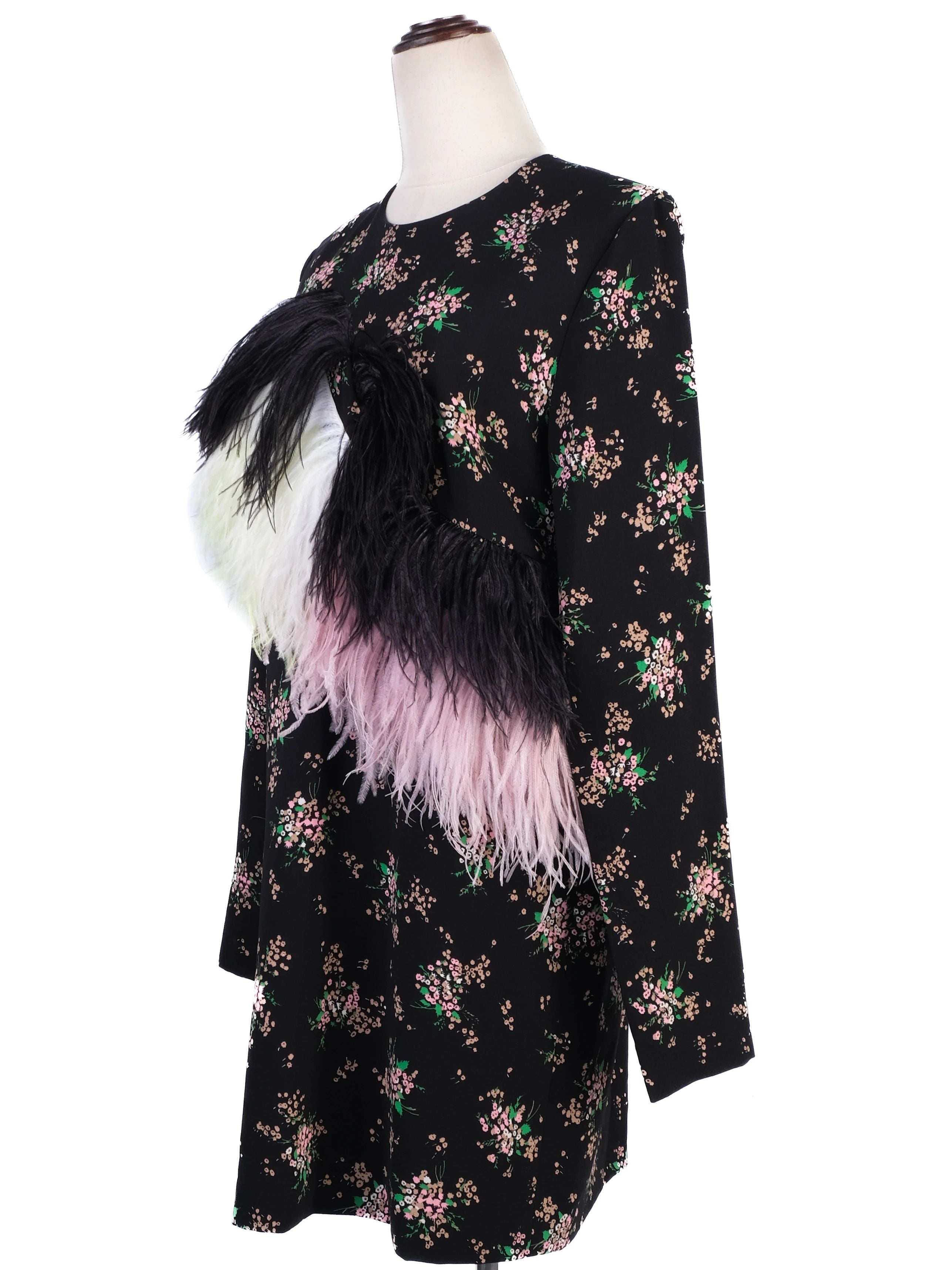 Excellent MSGM Black Floral Dress with Feather Embellishments Size XL