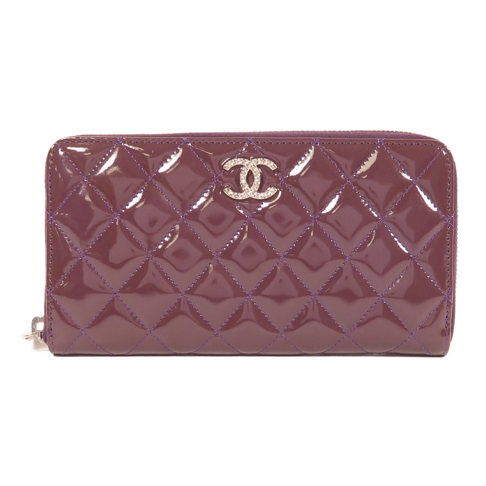 Chanel Purple Purple Enamel Lacquered Leather Long Wallet Silver Pocket Long Wallet Purple L-shaped Zipper Wallet Paten