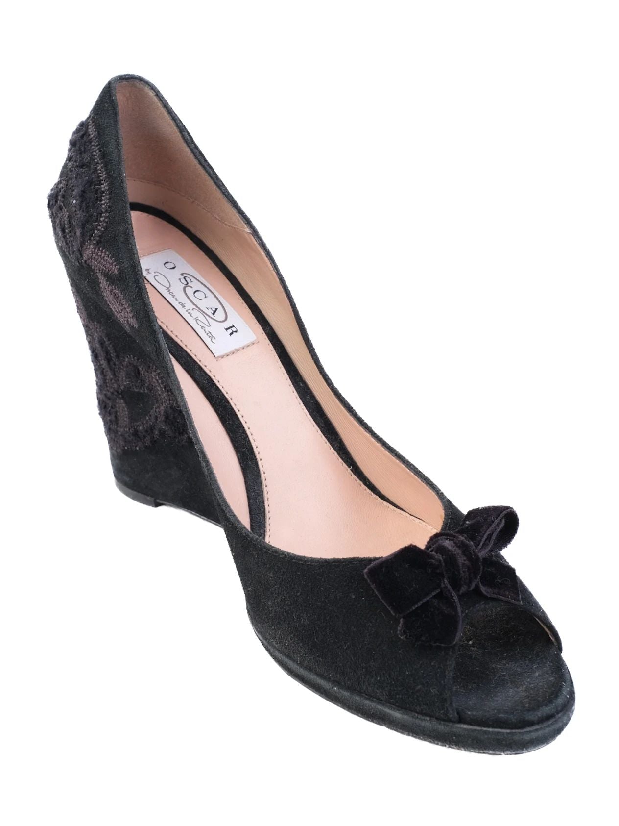 Excellent Oscar de la Renta Black Leather Wedge Heel Shoes Size 38