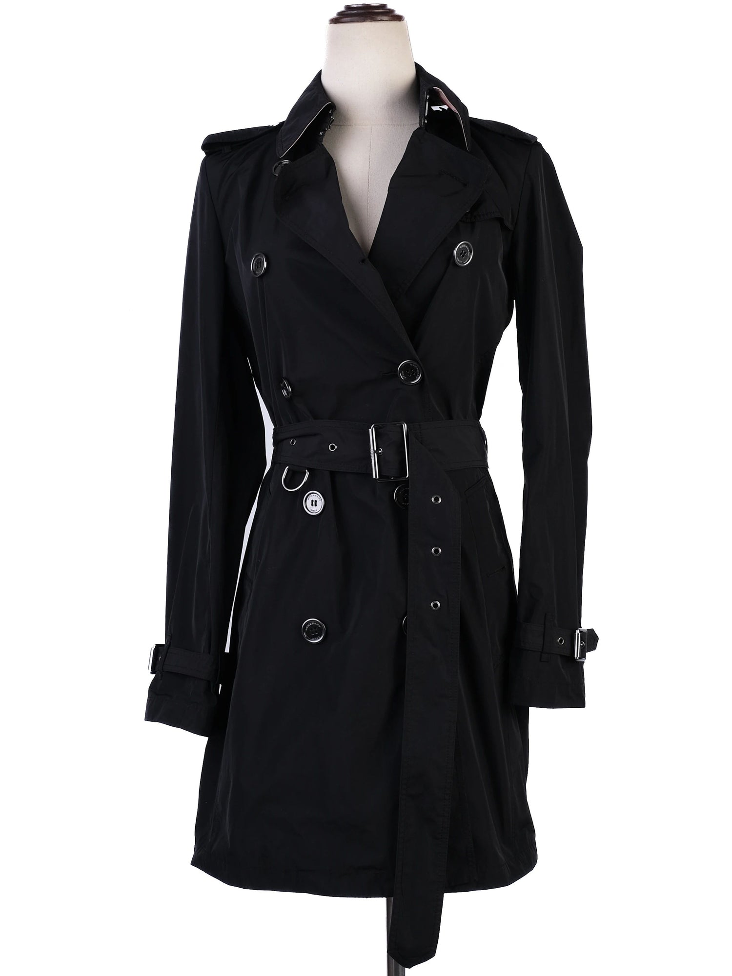 Excellent Burberry Black Trench Coat XS Polyester Double-Breasted
