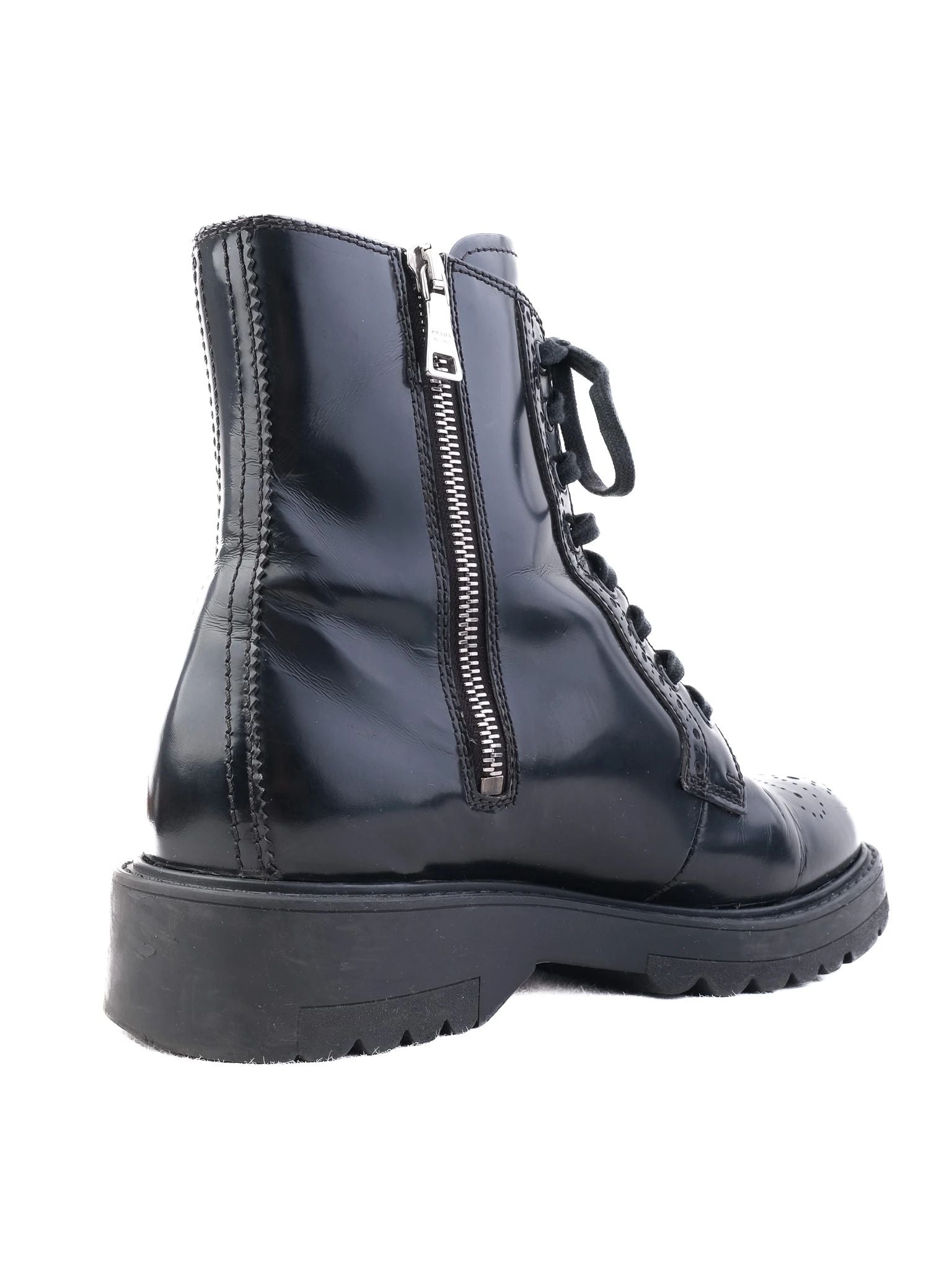 Prada Black Leather Ankle Boots with Laces & Side Zipper, Size 38
