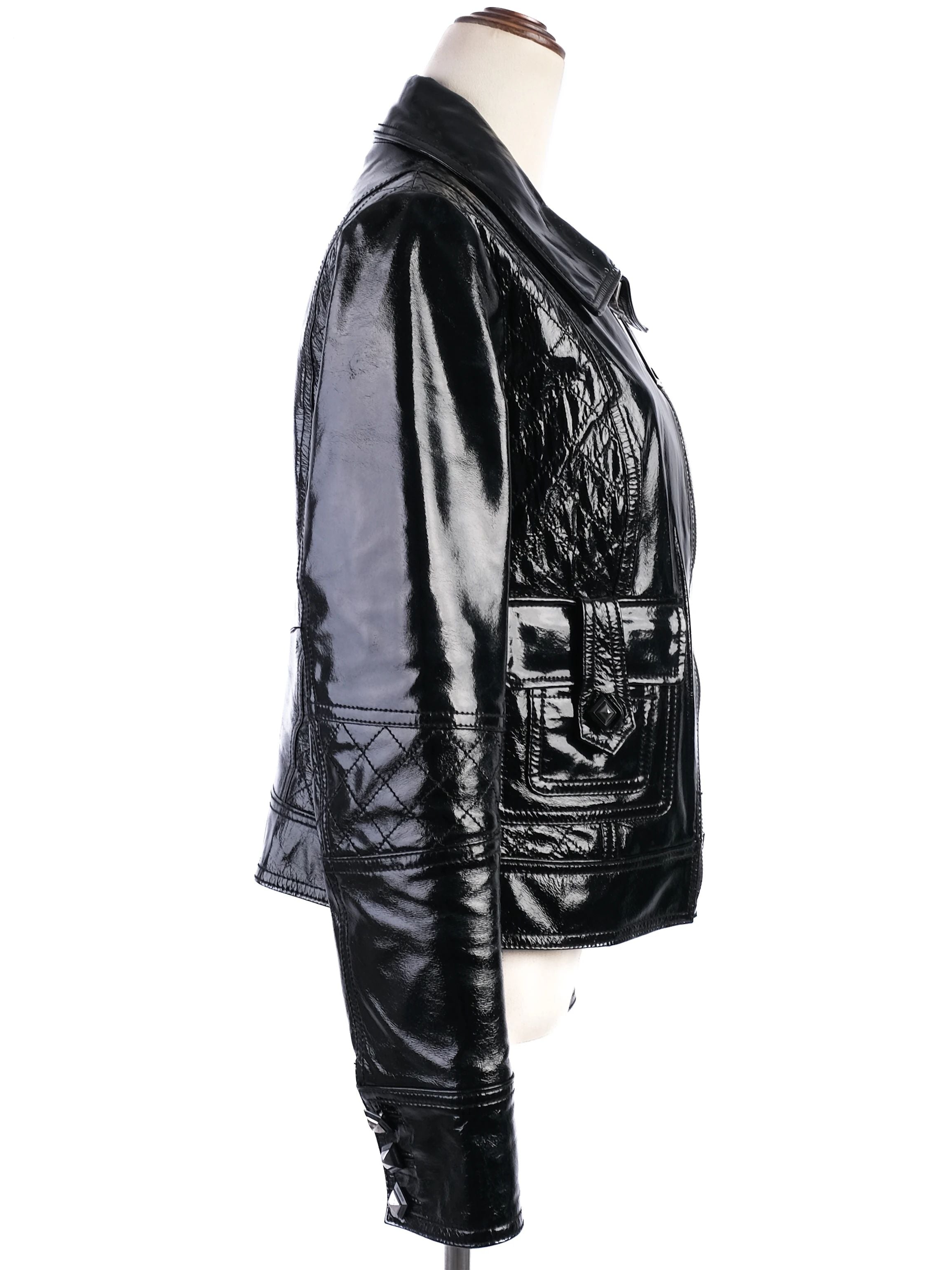 EXCELLENT Roccobarocco Black Leather Jacket Size L with Quilted Detailing