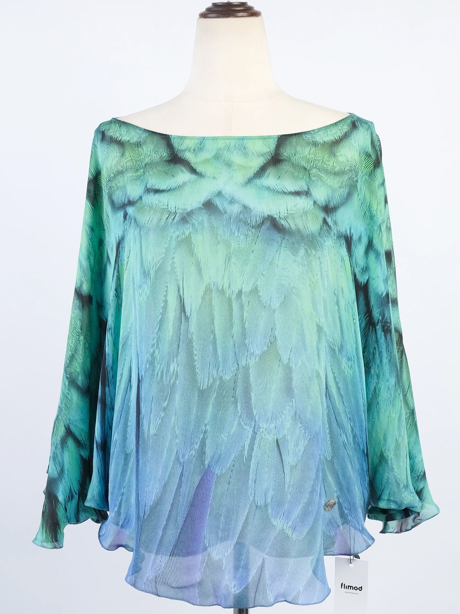 Excellent Roberto Cavalli Green Silk Blouse with Feather Pattern Size L