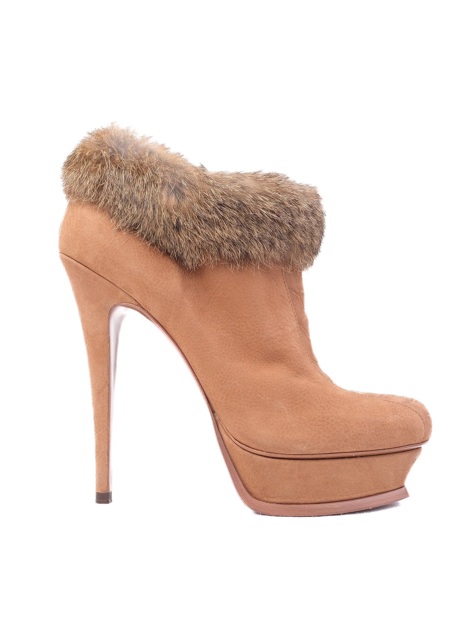 Excellent Yves Saint Laurent Orange Leather Booties with Fur Trim, Size 39.5