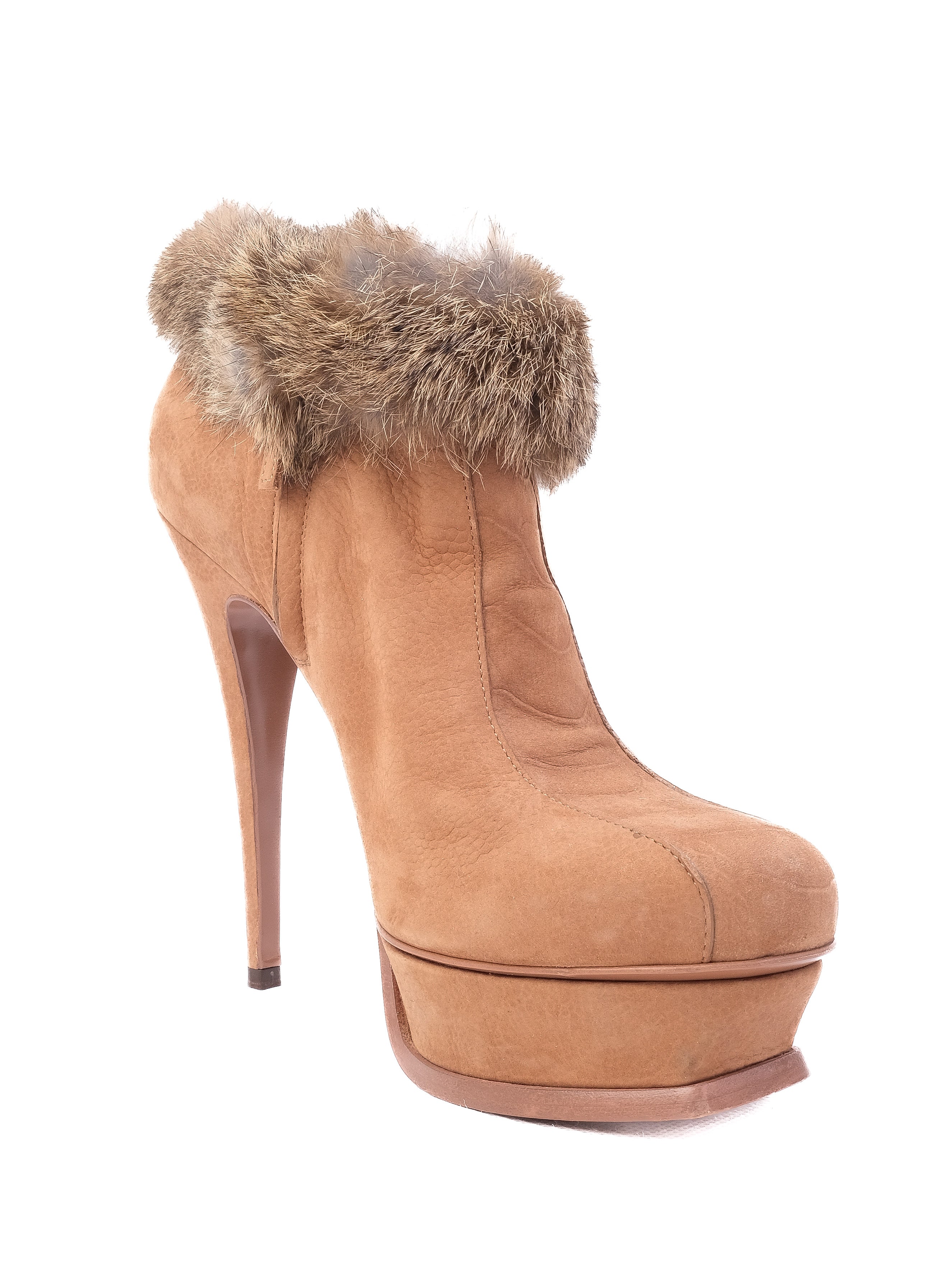 Excellent Yves Saint Laurent Orange Leather Booties with Fur Trim, Size 39.5