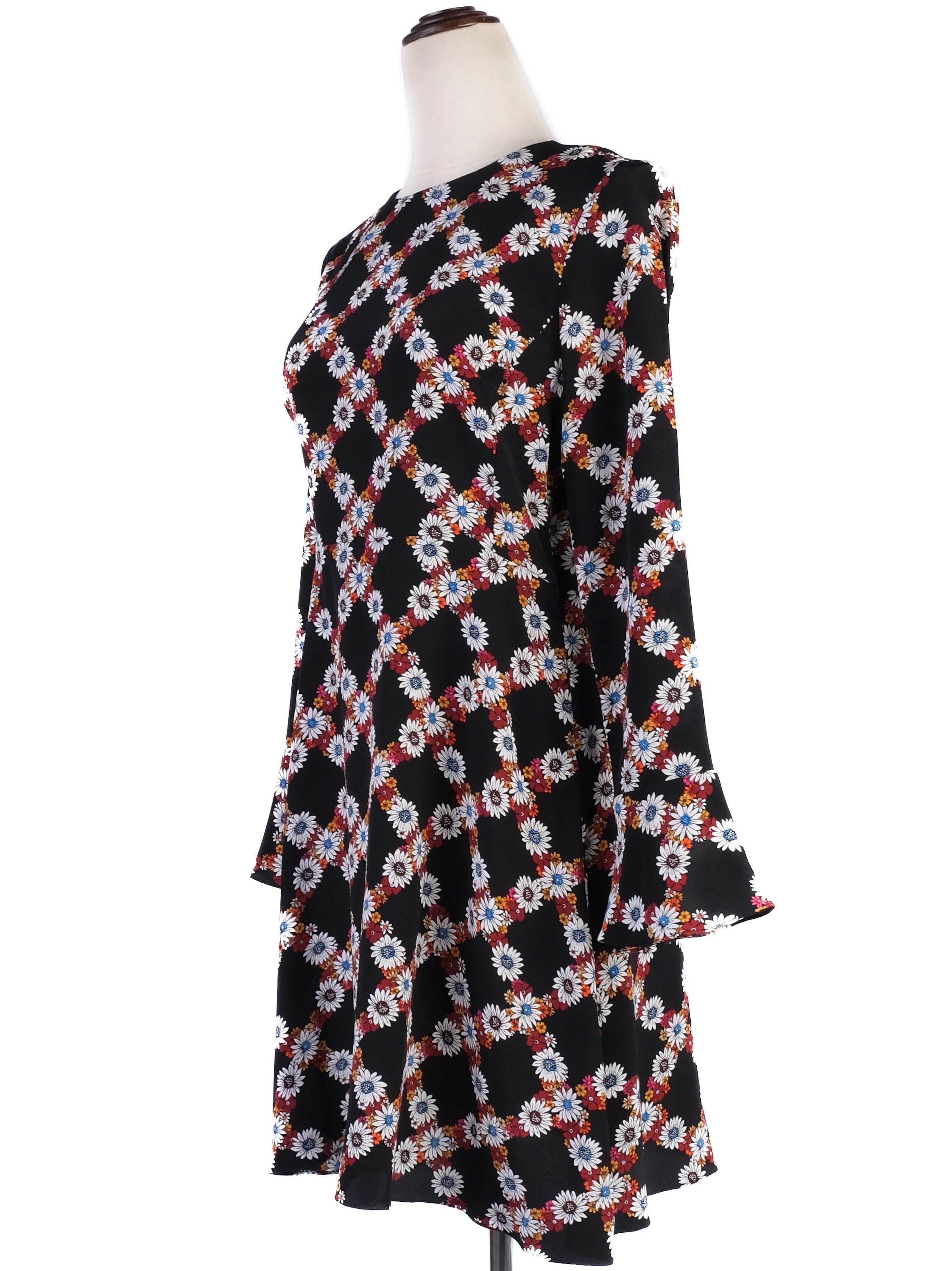 Excellent Sandro Black Silk Dress Size S Floral Pattern Long Sleeve
