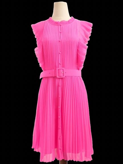 Excellent Self-Portrait Pink Pleated Dress with Ruffled Sleeves