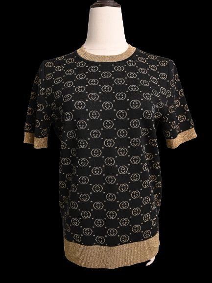 Perfect Gucci Black Wool Short-Sleeved Sweater with Gold Accents