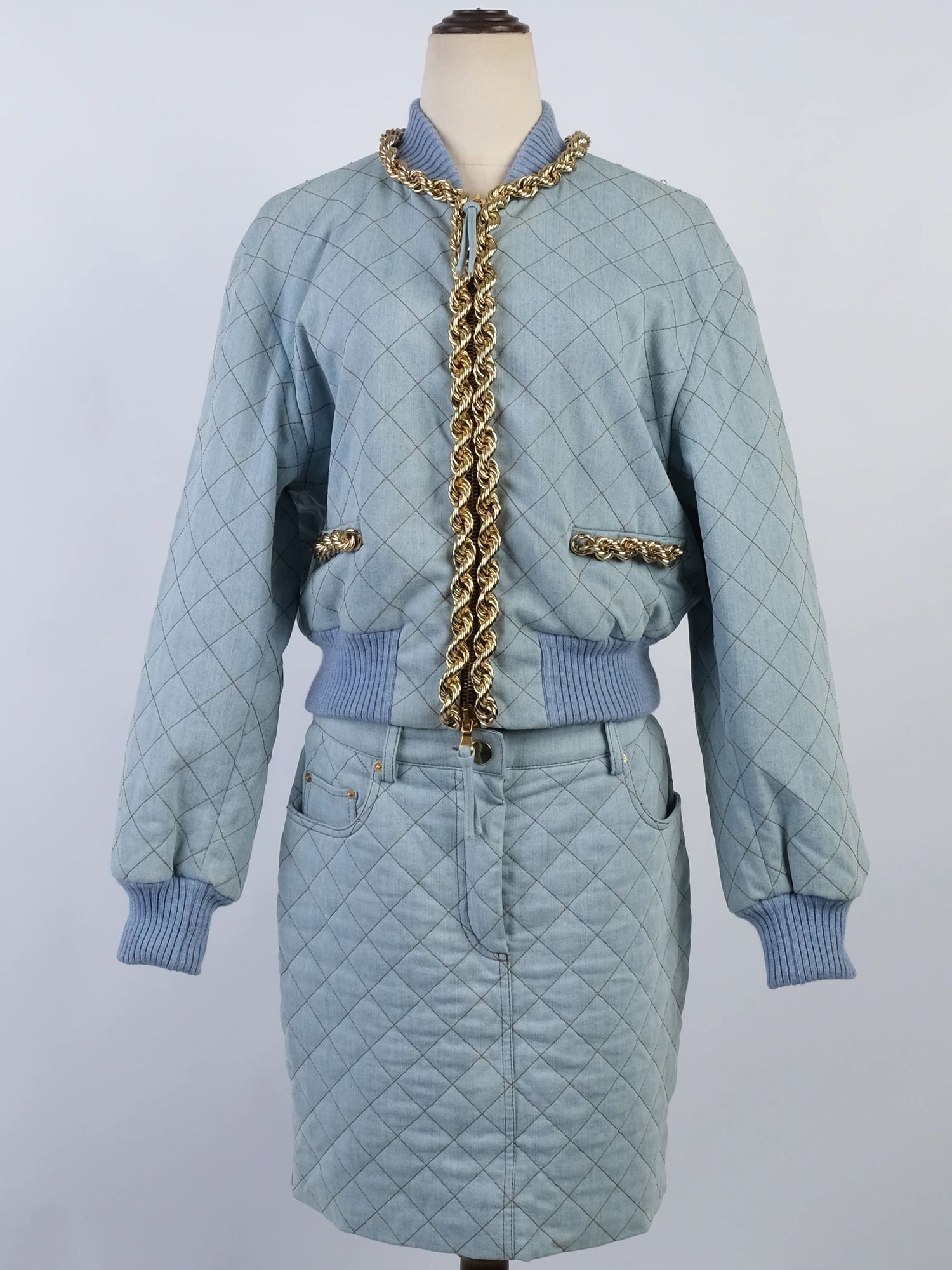Excellent Moschino Blue Quilted Denim Jacket & Skirt Set