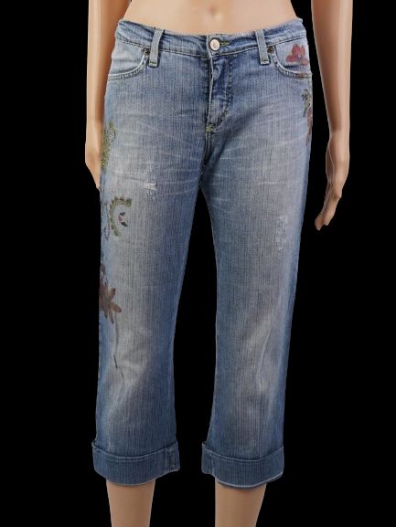 Excellent Versace Jeans Floral Embroidery Blue Cotton Capri Pants M