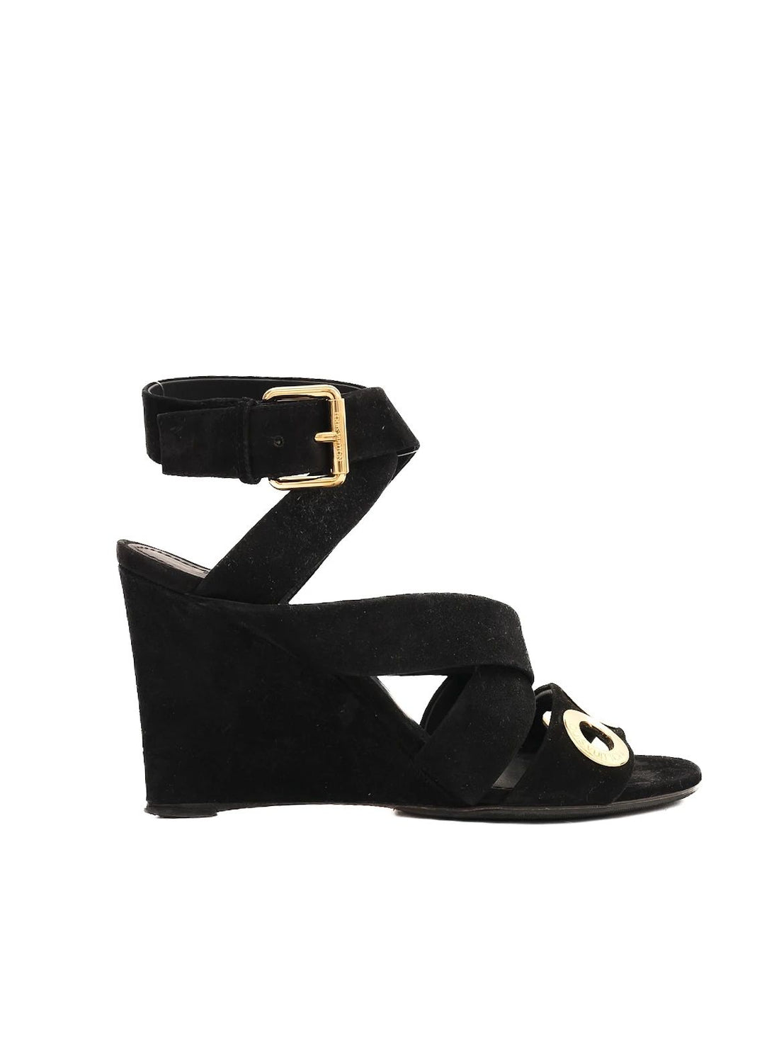 Excellent Louis Vuitton Black Suede Wedge Sandals Size 36.5