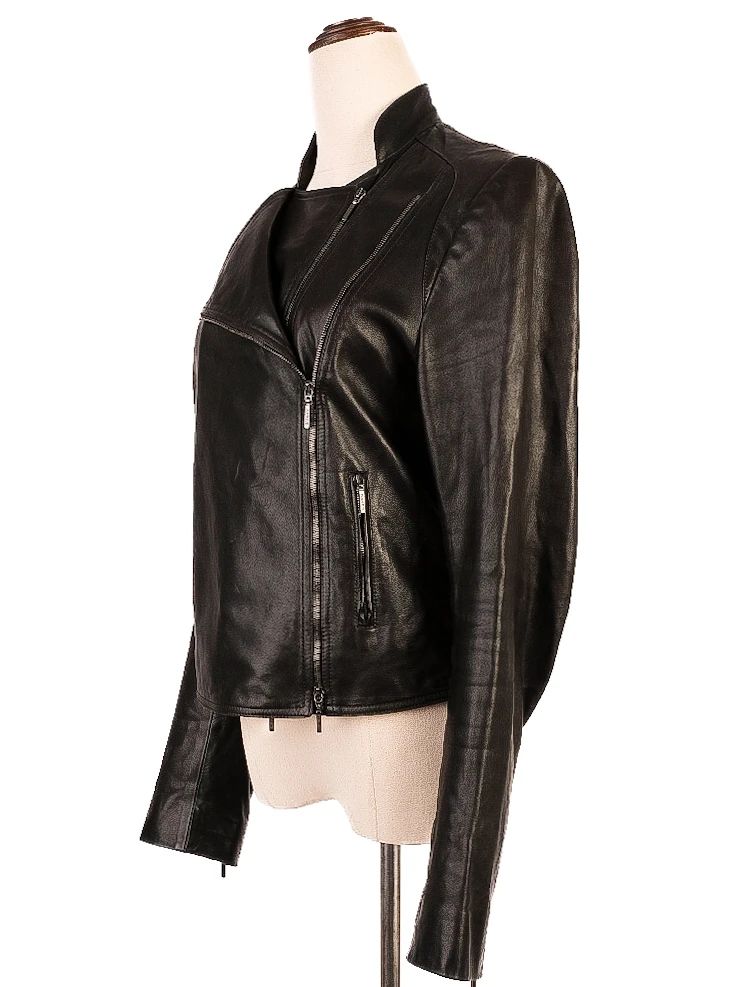 Excellent Plein Sud Black Leather Jacket Size S with Zipper Pockets