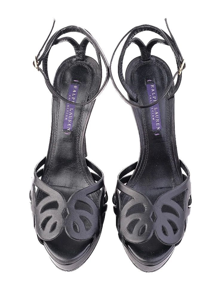 Excellent Ralph Lauren Black Leather High-Heeled Platform Sandals 38.5
