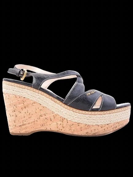 Excellent Prada Black Leather Wedge Sandals Size 38.5 with Cork Platform