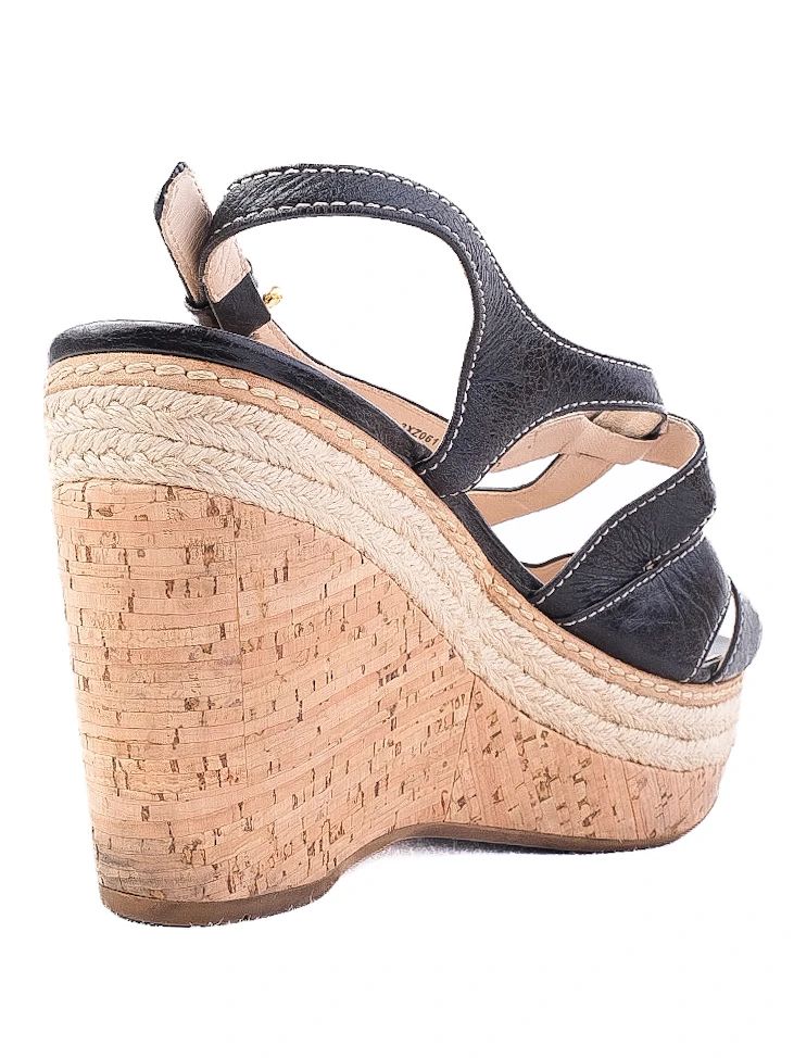 Excellent Prada Black Leather Wedge Sandals Size 38.5 with Cork Platform