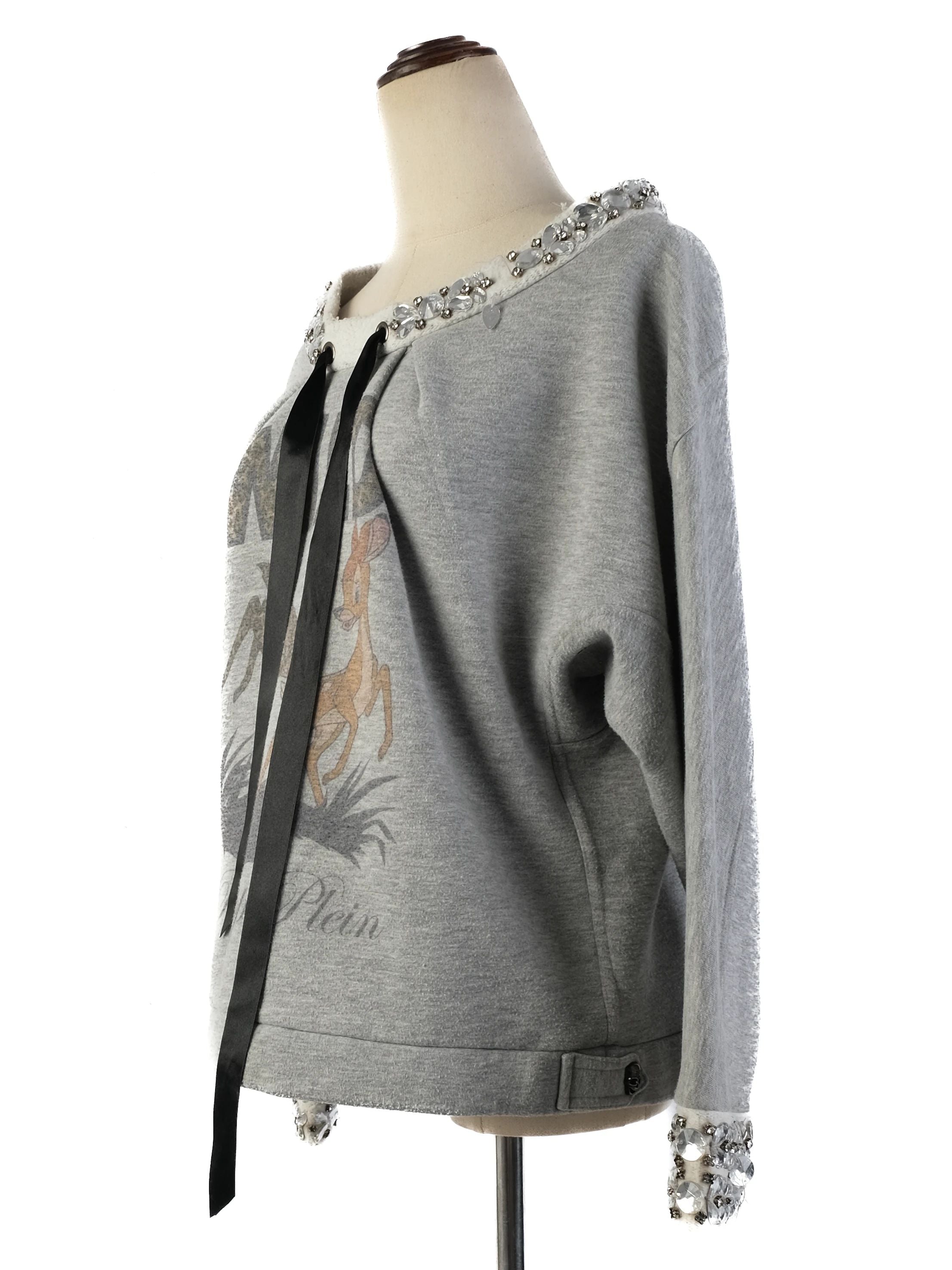 Excellent Phillipp Plein Gray Sweatshirt M with Graphic Deer & Embellishments