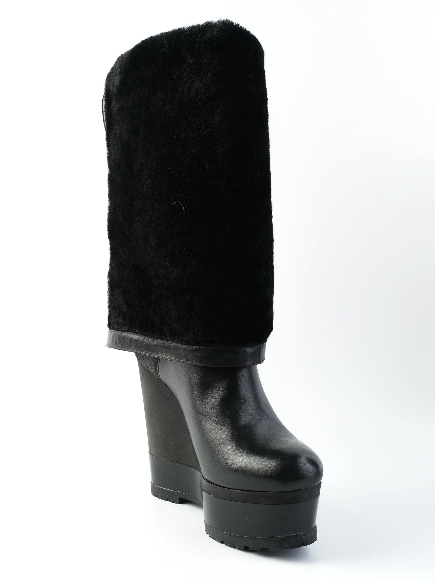 NEW Sergio Rossi Black Leather Wedge-Heeled Boots Size 38.5