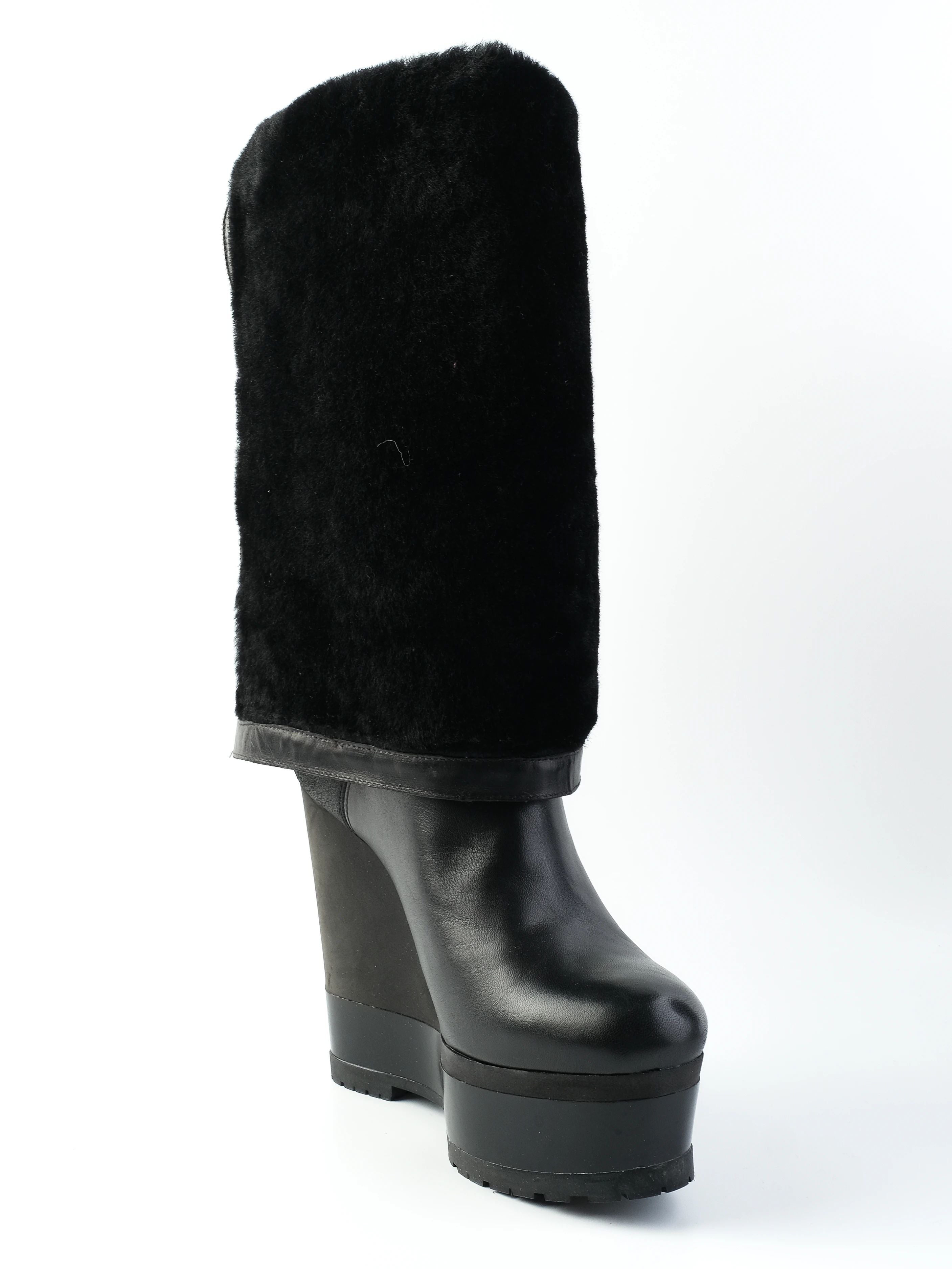 NEW Sergio Rossi Black Leather Wedge-Heeled Boots Size 38.5