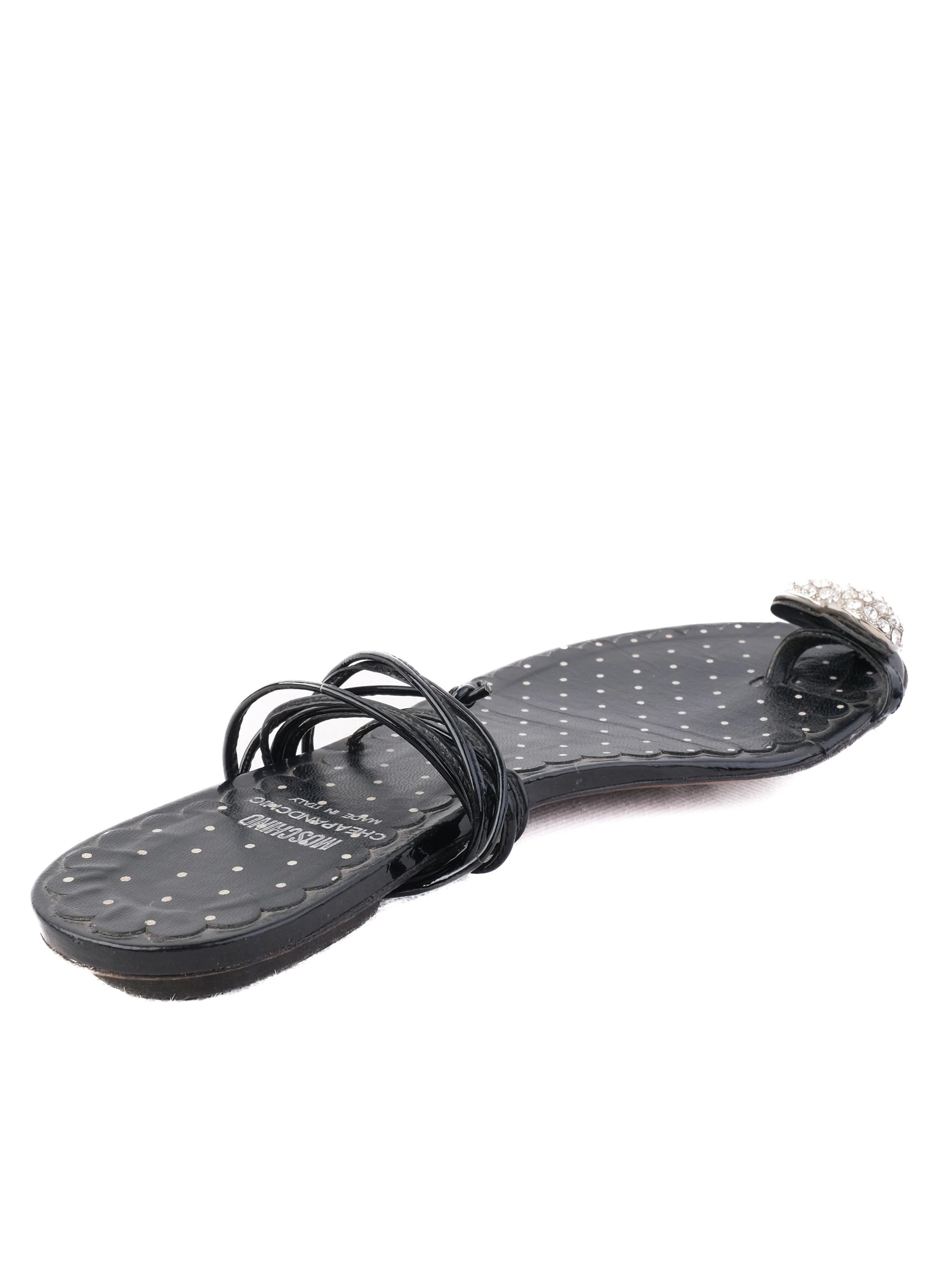 Excellent Moschino Black Leather Sandals Size 37 with Heart Embellishment