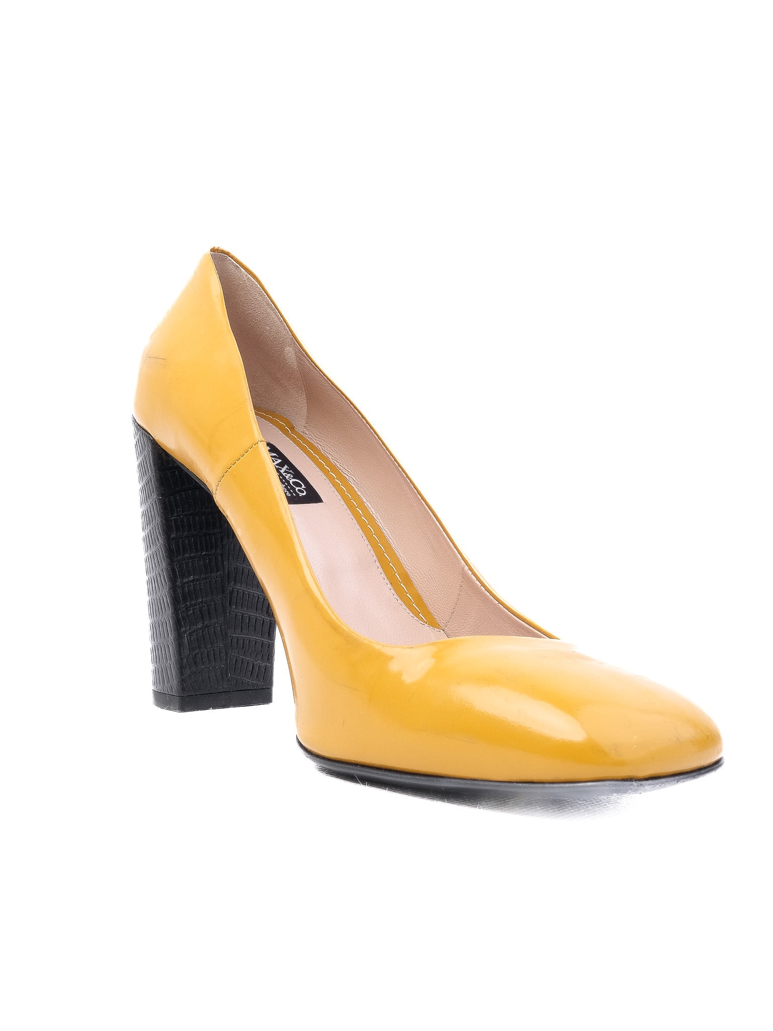 Excellent MaxCo Yellow Leather High-Heeled Shoes with Chunky Black Heel