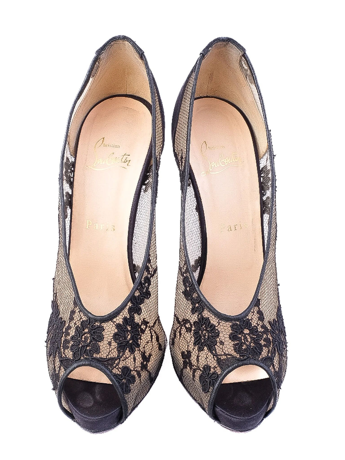 Excellent Christian Louboutin Black Lace Peep-Toe High Heels Size 37.5