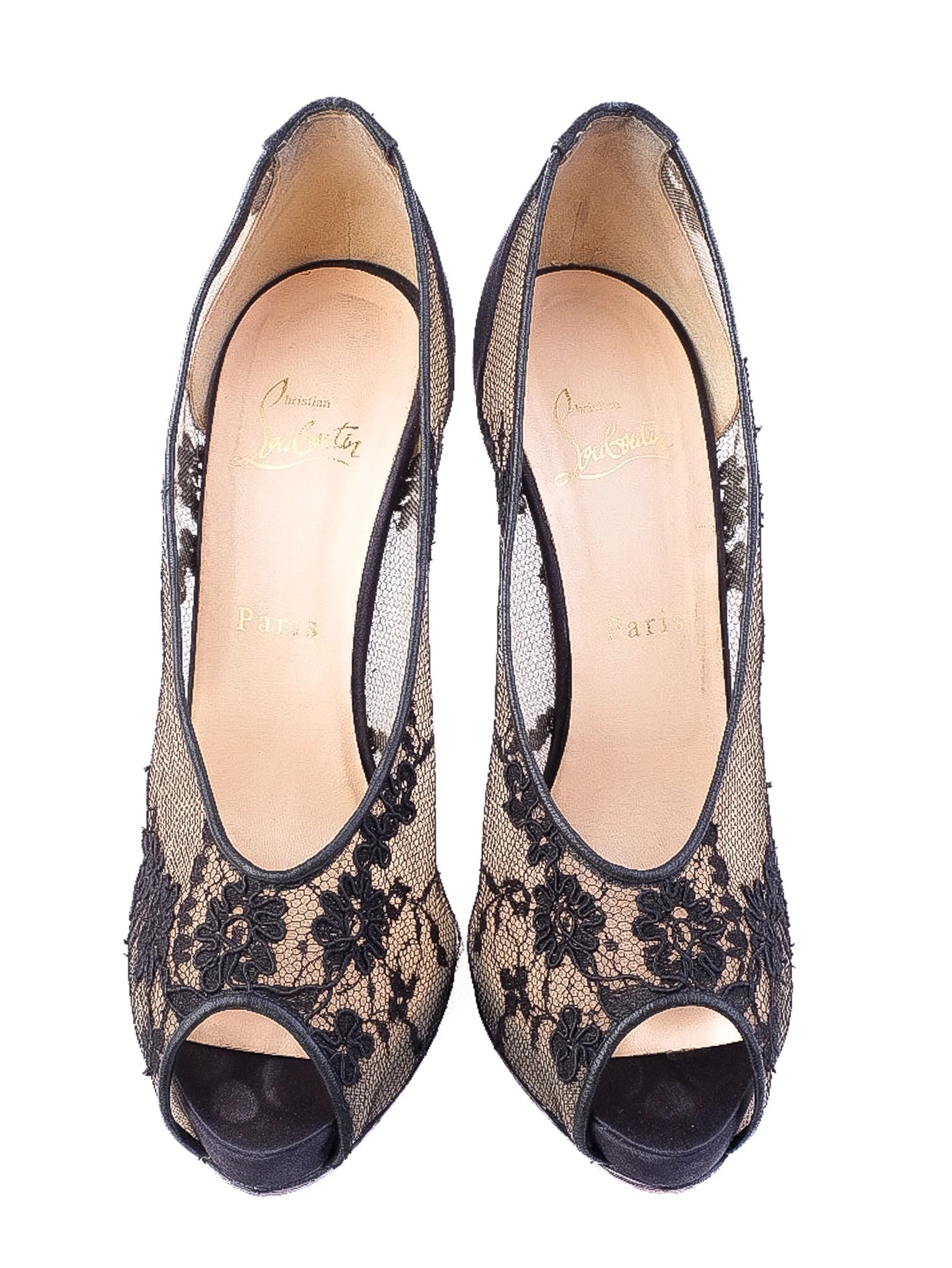 Excellent Christian Louboutin Black Lace Peep-Toe High Heels Size 37.5