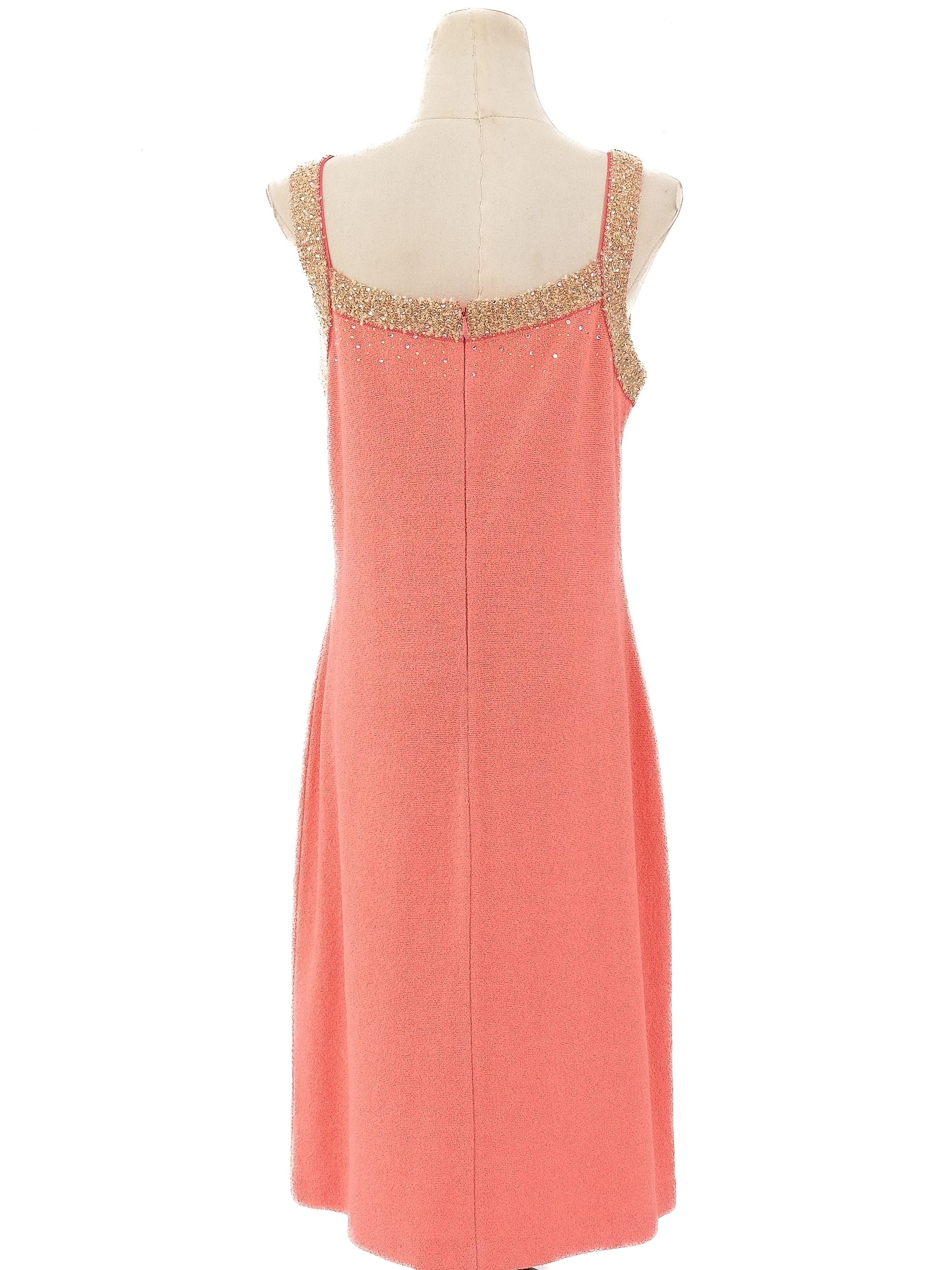 Excellent St. John Pink Wool Sleeveless Dress Size L with Gold Details