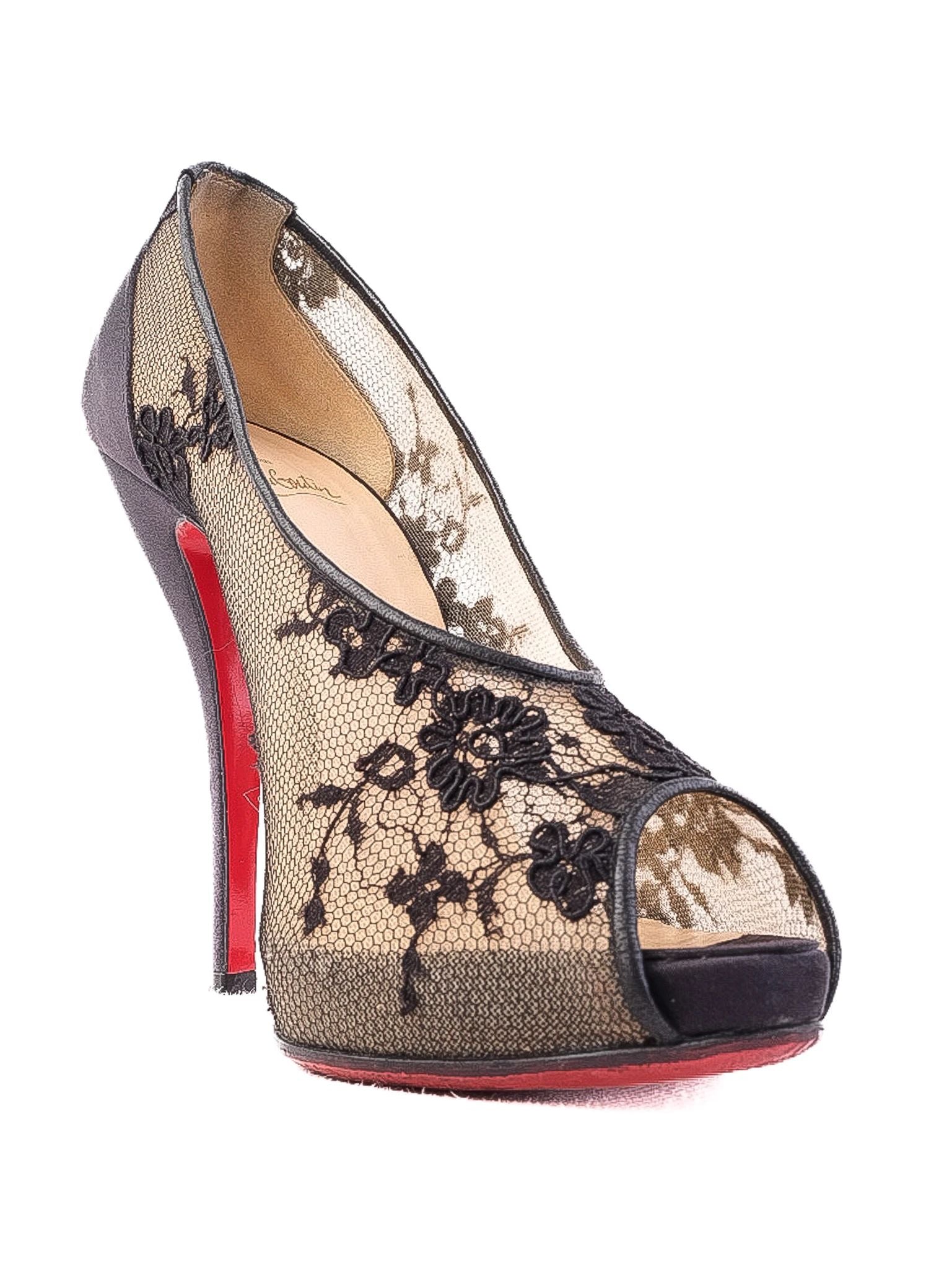 Excellent Christian Louboutin Black Lace Peep-Toe High Heels Size 37.5