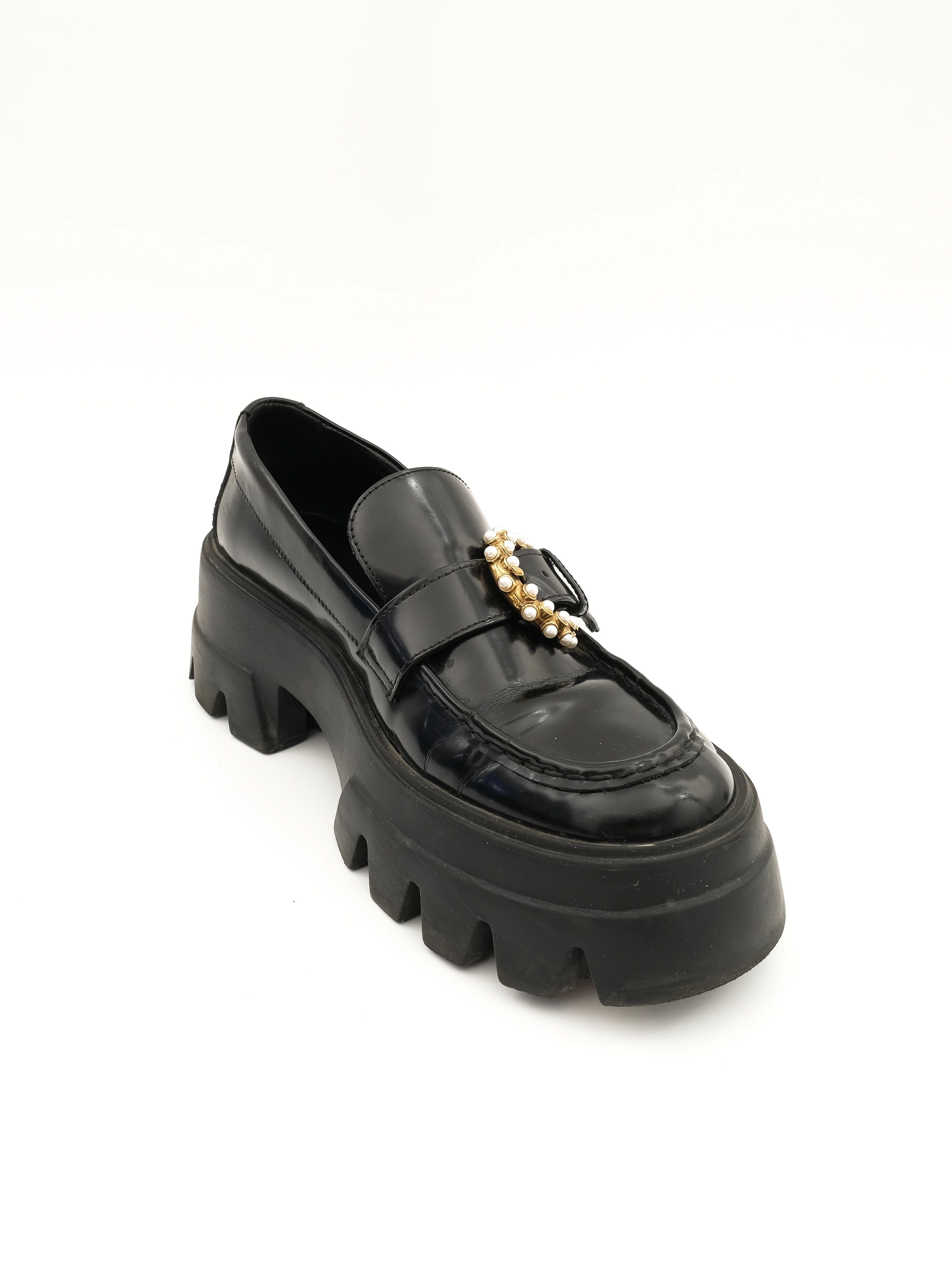 Average Uterque Black Leather Platform Loafers with Buckle Size 39