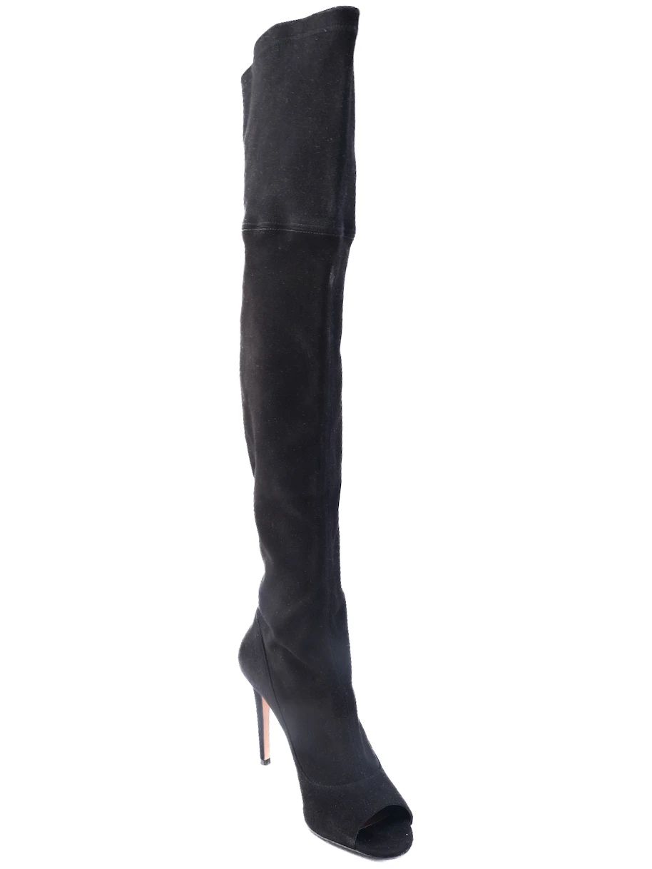 Excellent Black Leather Thigh-High Heels Boots Size 38.5 with Mesh Cutouts