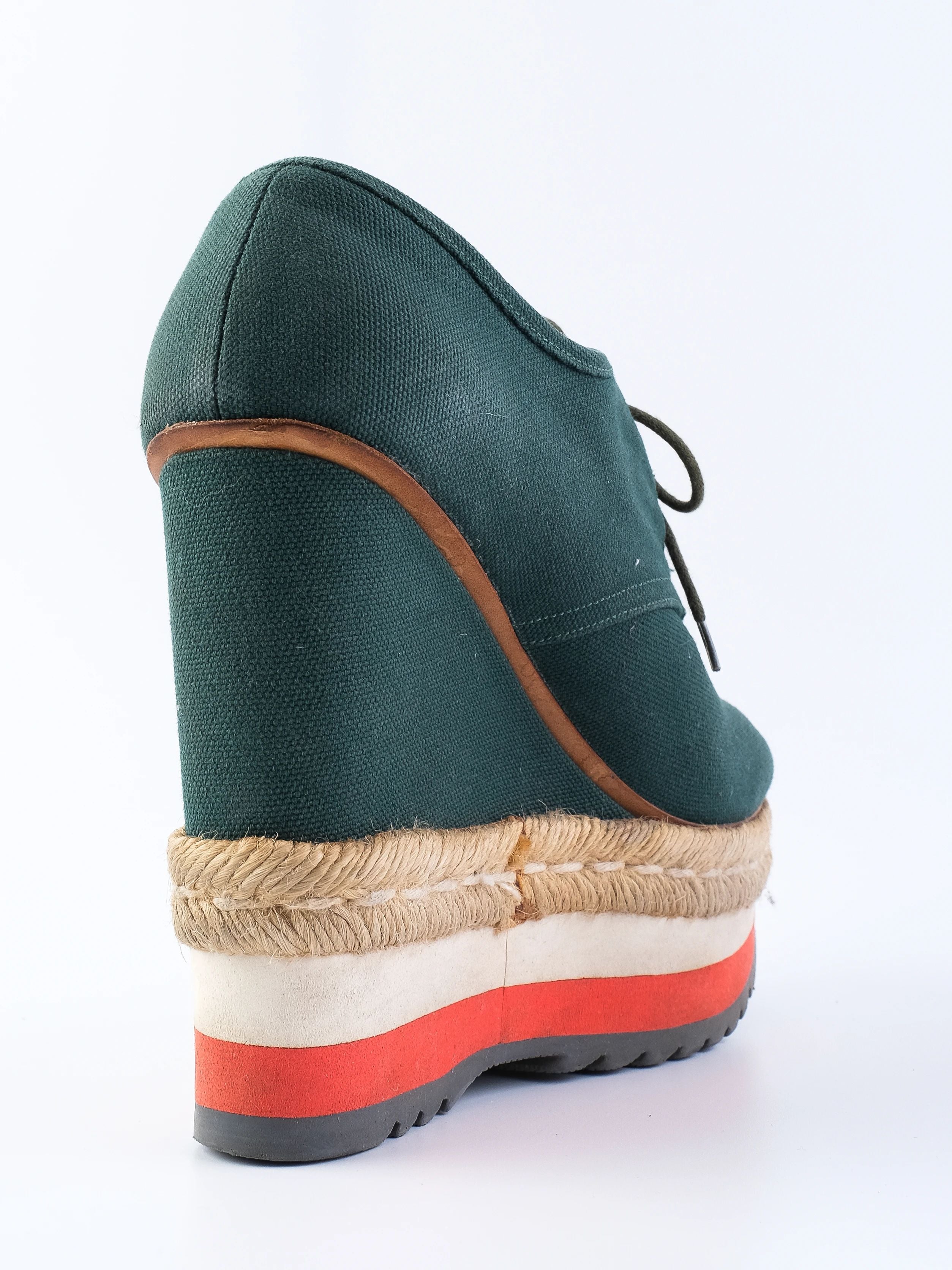 Excellent Prada Green Fabric Wedge Shoes Size 37.5 with Platform Sole