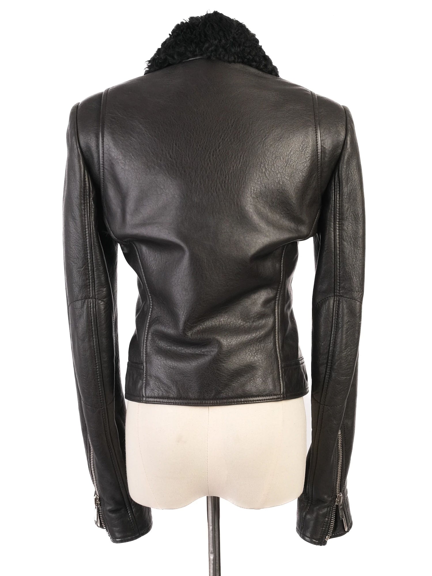 Excellent Balenciaga Black Leather Jacket with Shearling Collar, Size S