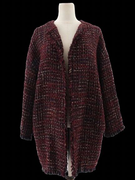 Excellent Gerard Darel Wool Coat XL Burgundy Black White Tweed