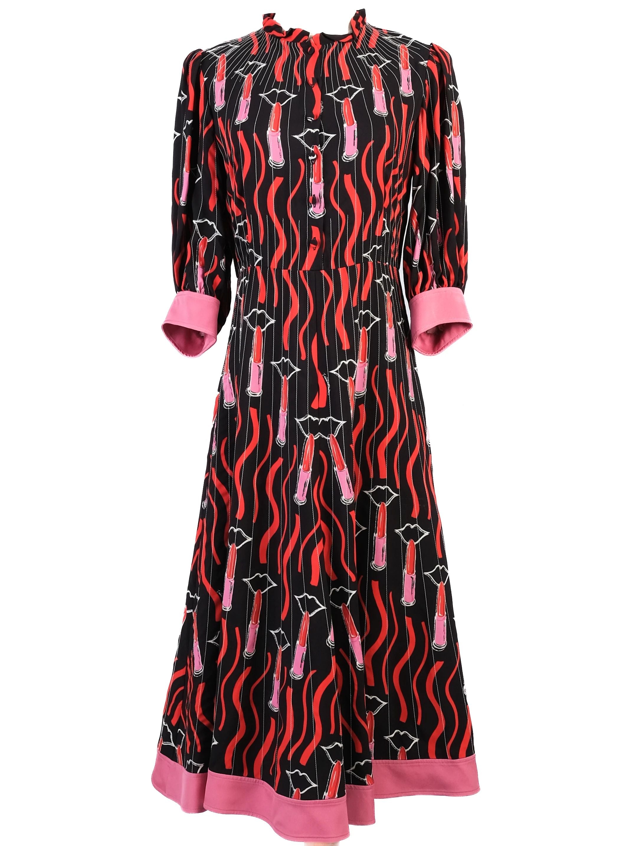 Excellent Valentino Black Dress with Vibrant Lipstick Print Size M