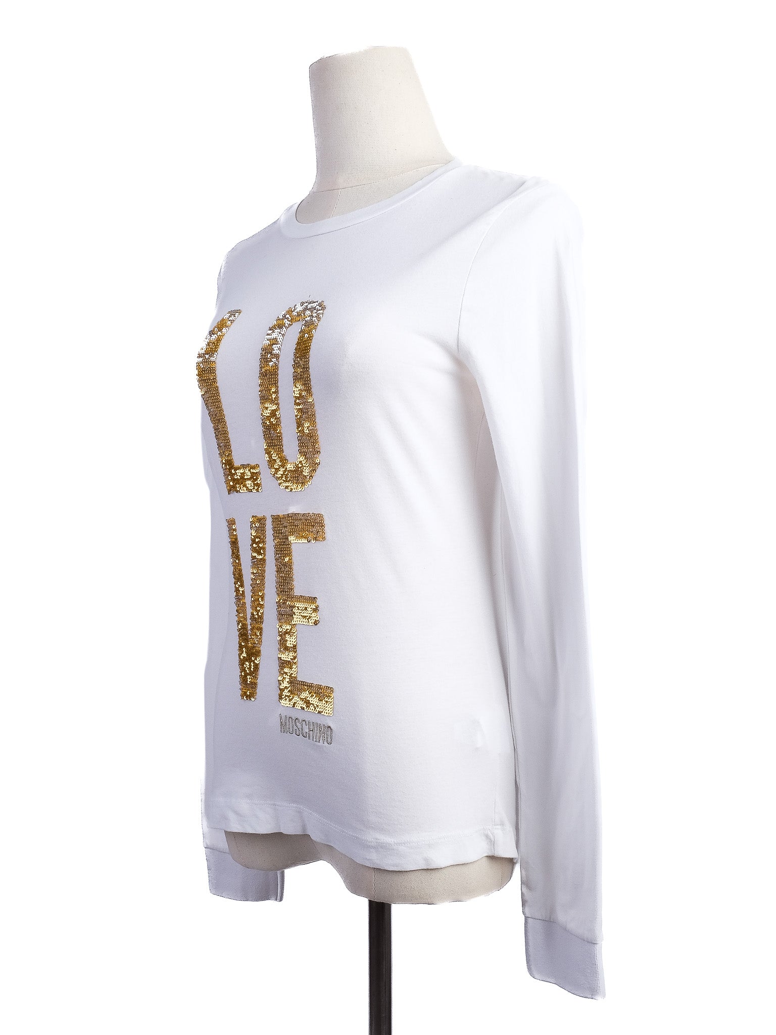 Excellent Moschino White Long Sleeve Shirt XS Gold Sequins LOVE