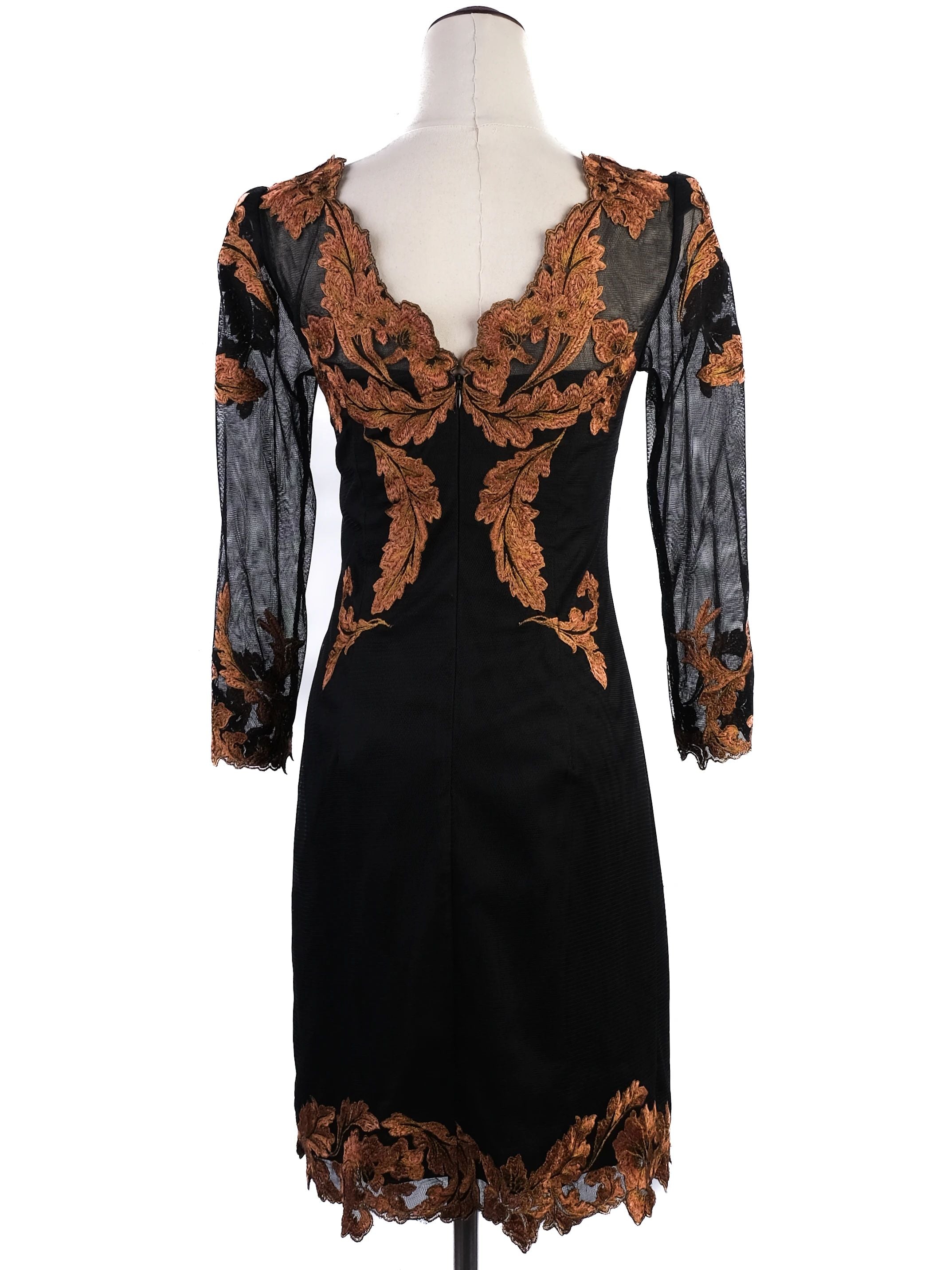 Excellent Karen Millen Black Dress Orange Floral Embroidery Size S