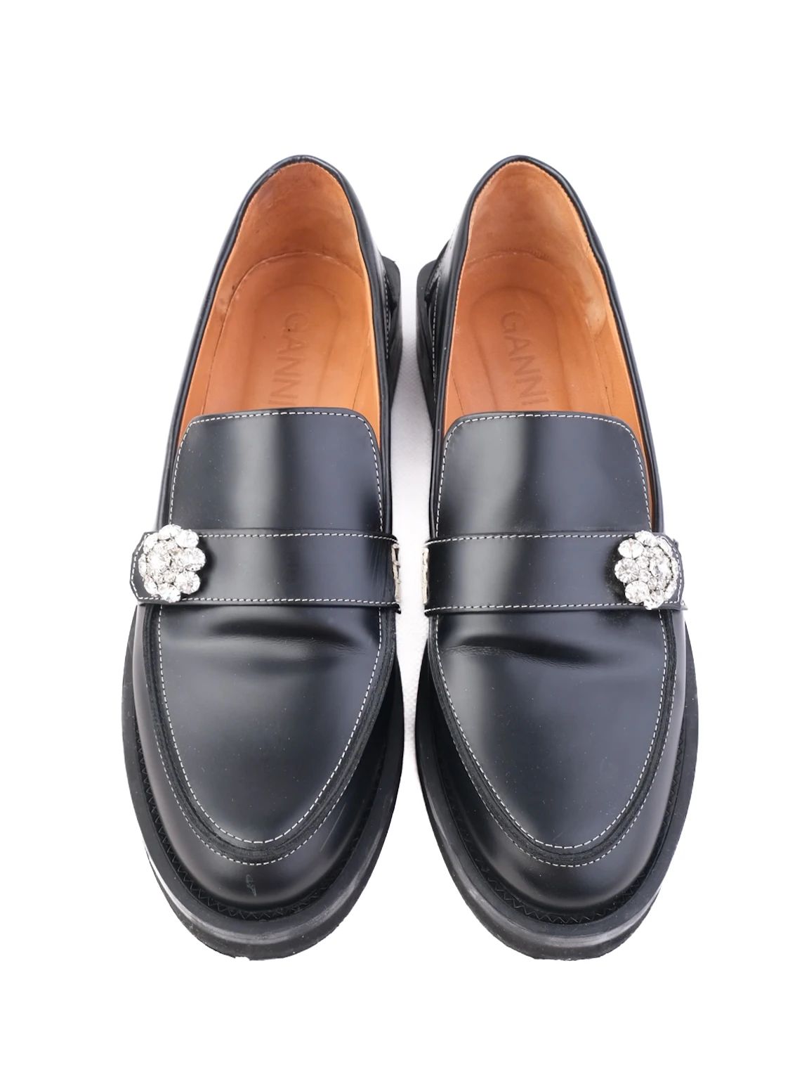 NEW Ganni Black Leather Loafers with Metal Detail Size N/A