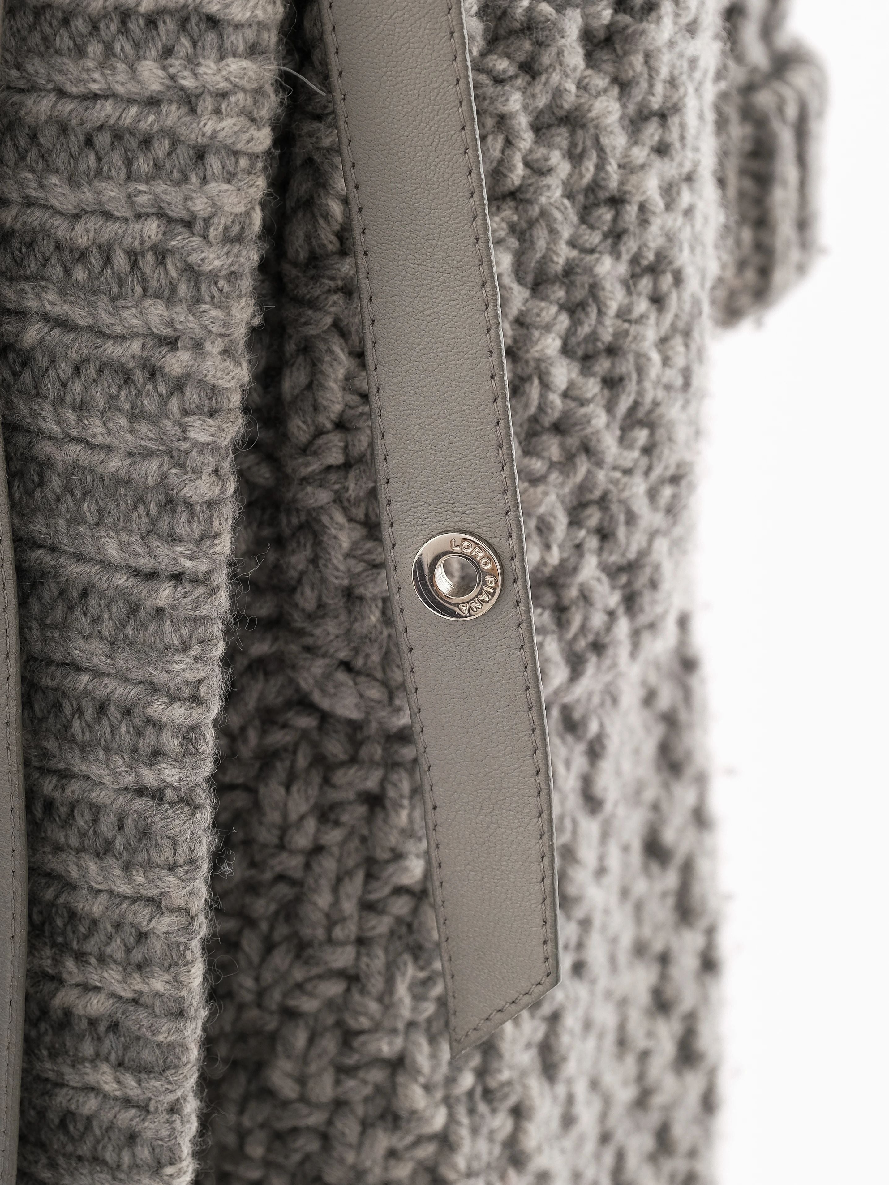 Loro Piana Gray Leather Knit Coat with Faux Fur Collar Size M