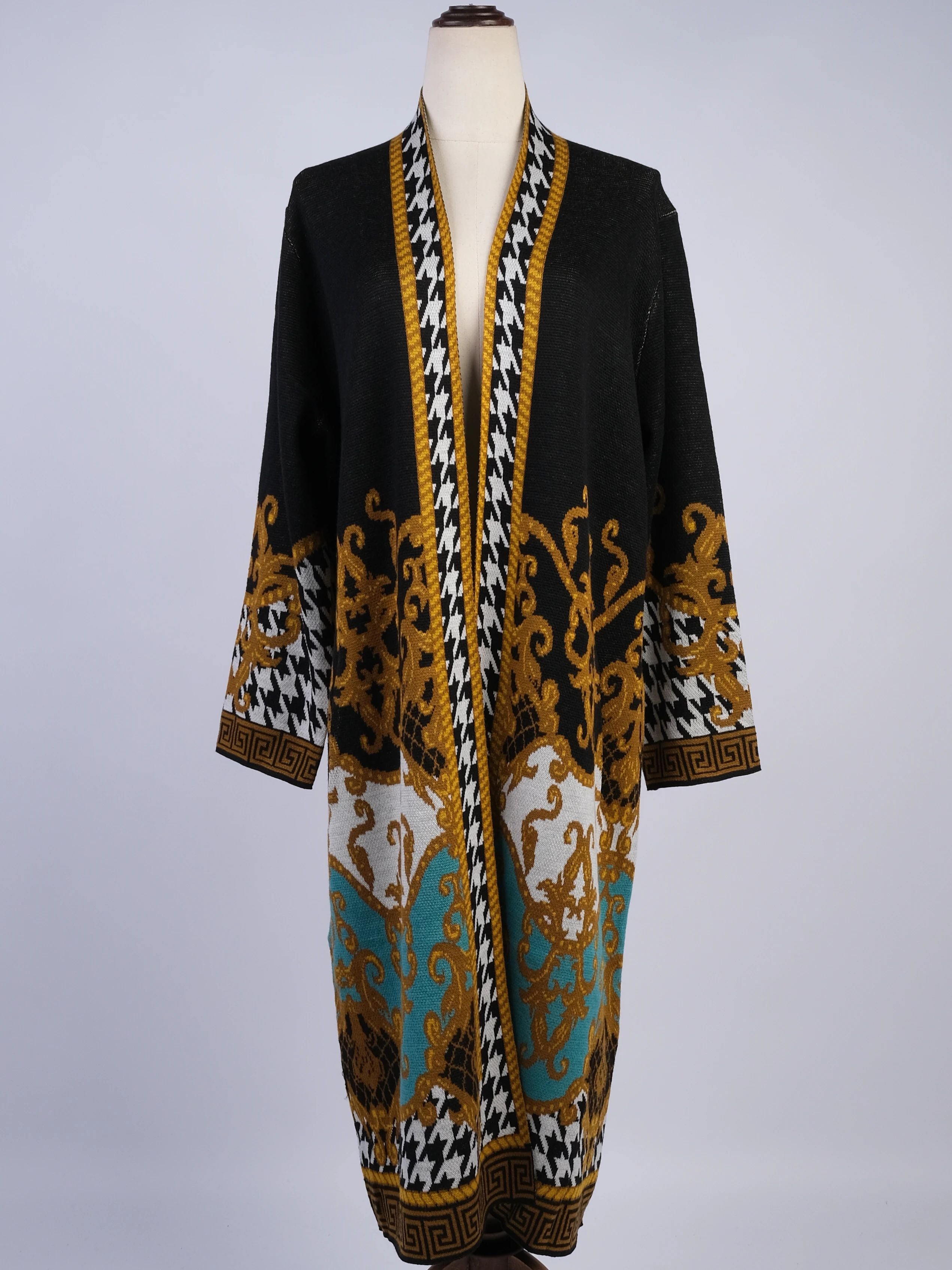 NEW Max Sport Long Wool Cardigan Black Gold Turquoise Houndstooth Women