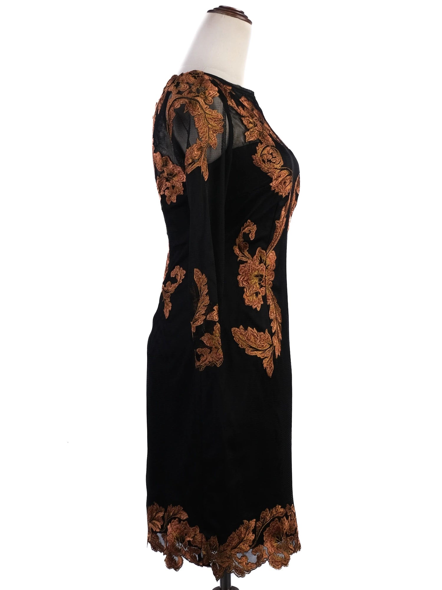 Excellent Karen Millen Black Dress Orange Floral Embroidery Size S