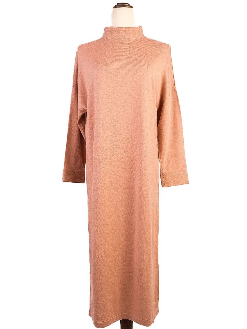 Excellent Pink Wool Dress M High Neckline Long Sleeves Women