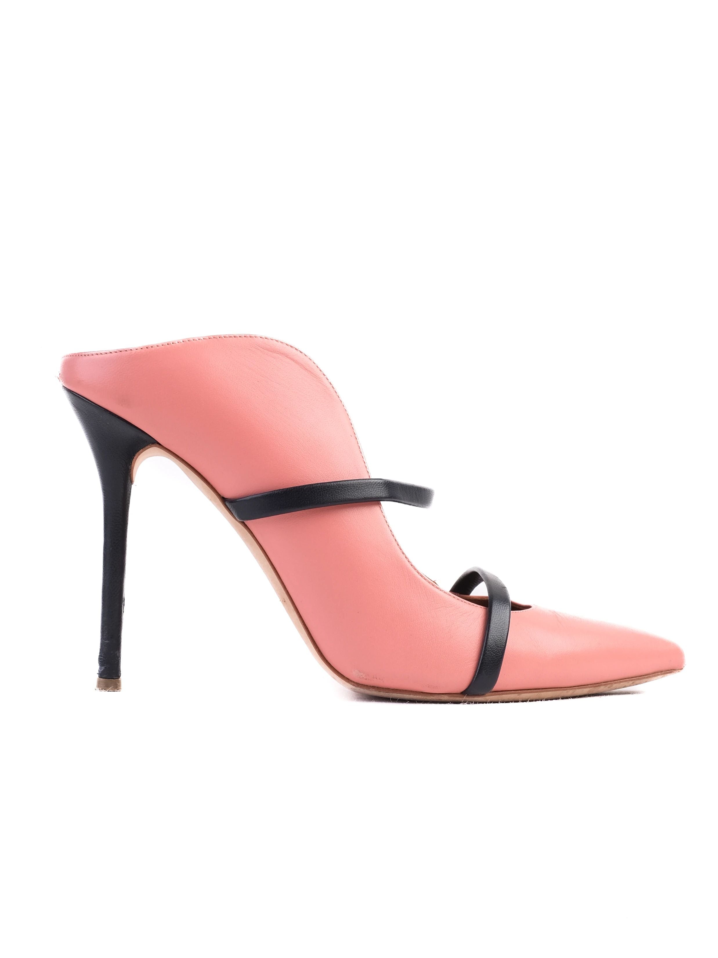 Excellent Pink Leather High-Heeled Shoe with Black Straps Size 39.5