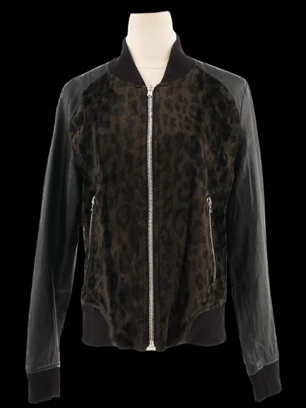 Excellent The Kooples Black Leopard Print Bomber Jacket Size M