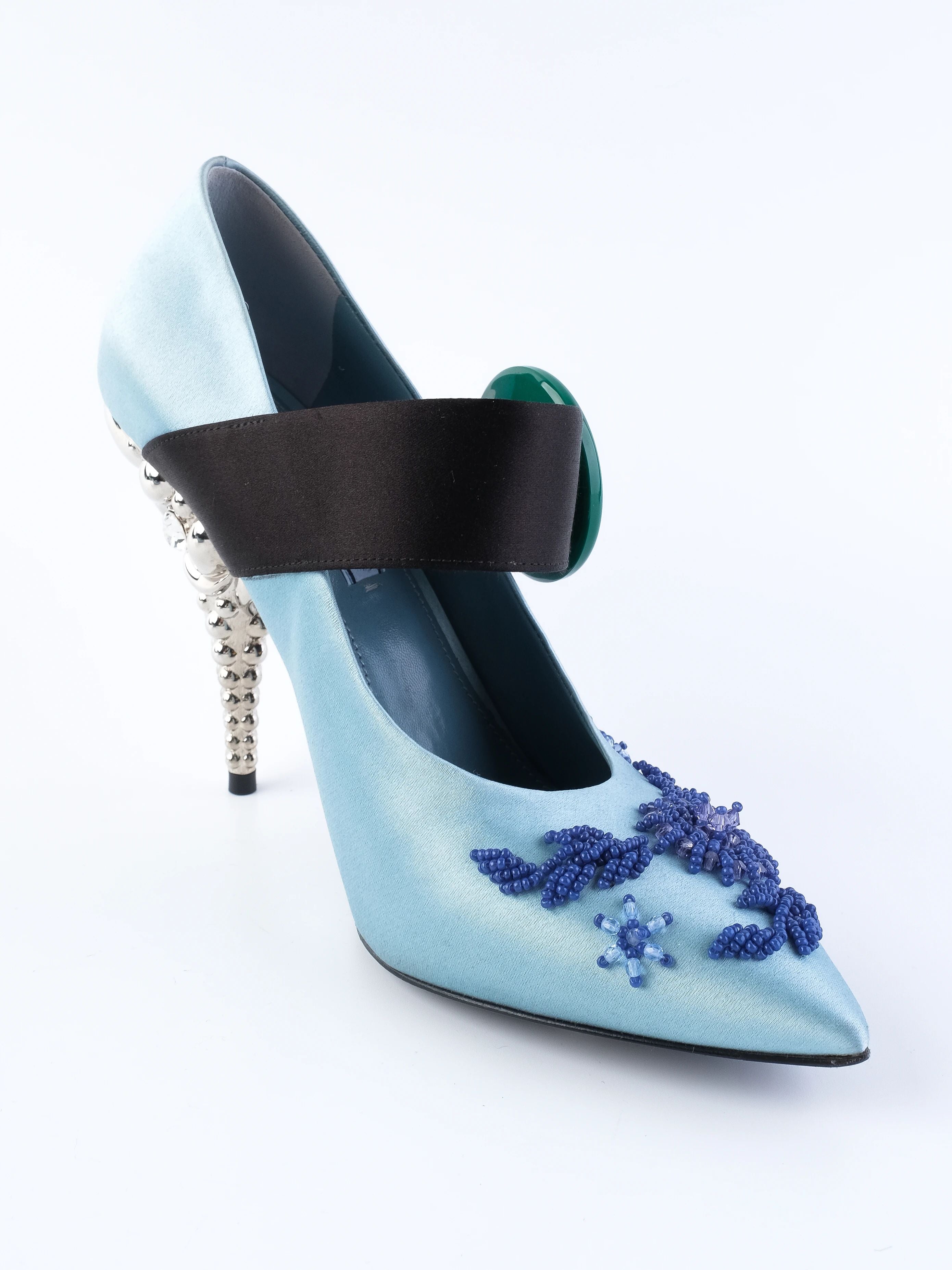 Excellent Prada Blue Satin High-Heeled Shoes with Beaded Embellishments