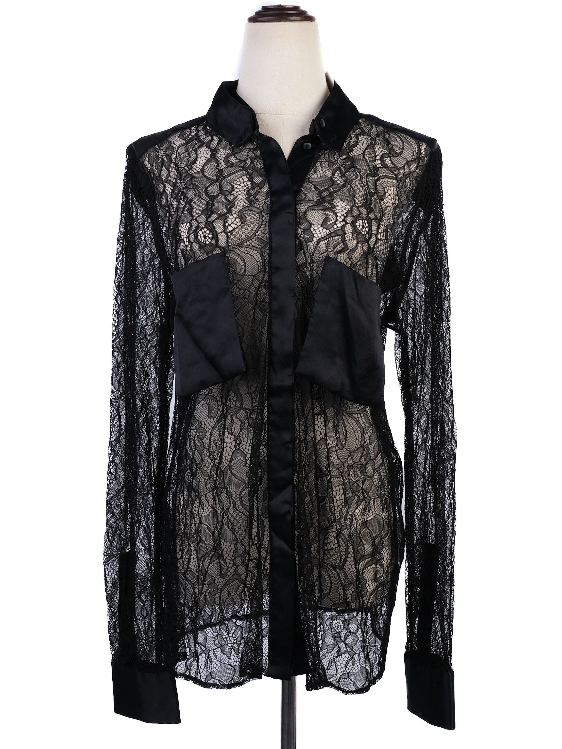 NEW By Malene Birger Black Lace Long Sleeve Blouse Size M