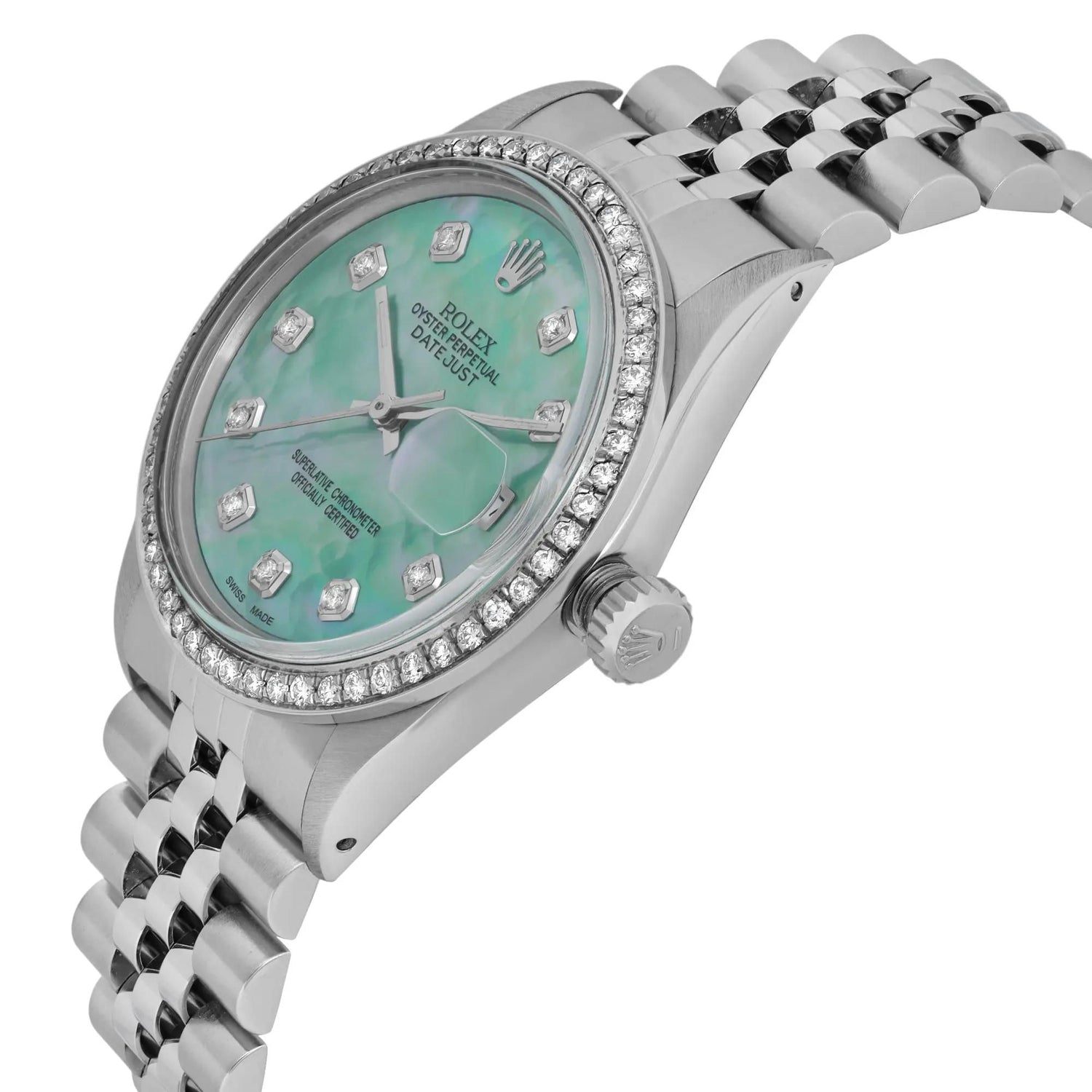 Rolex Datejust 36mm Steel Custom Green Turquoise Diamond Dial Bezel Watch 16030